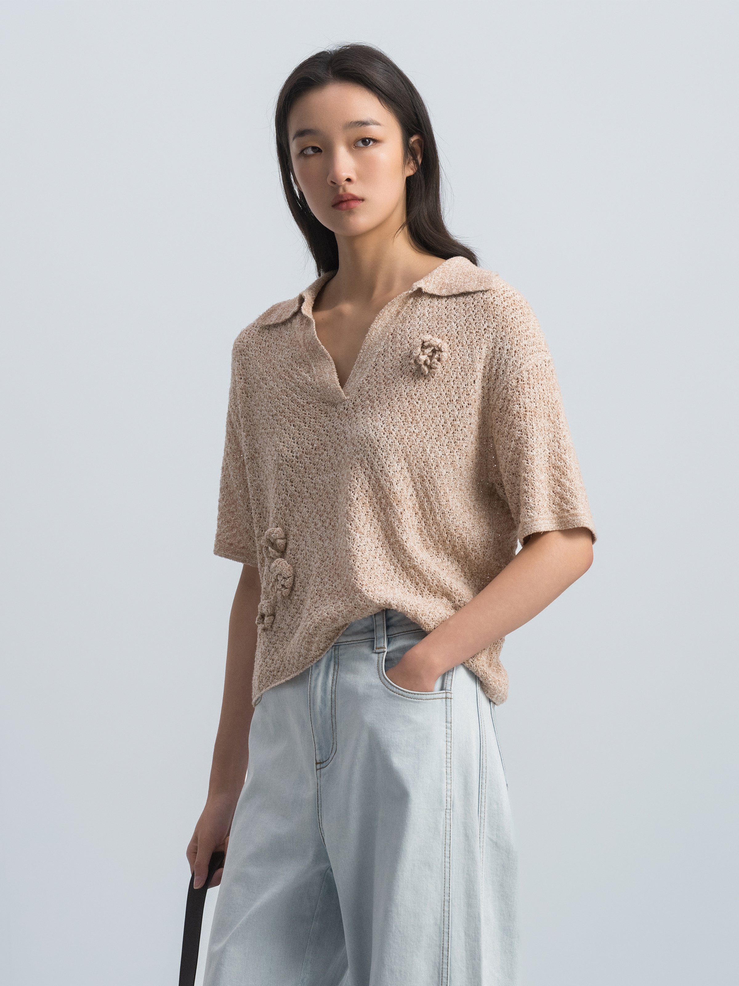 Khaki Cotton Nylon Polo Collar Crocheted Flower Knit Pullover