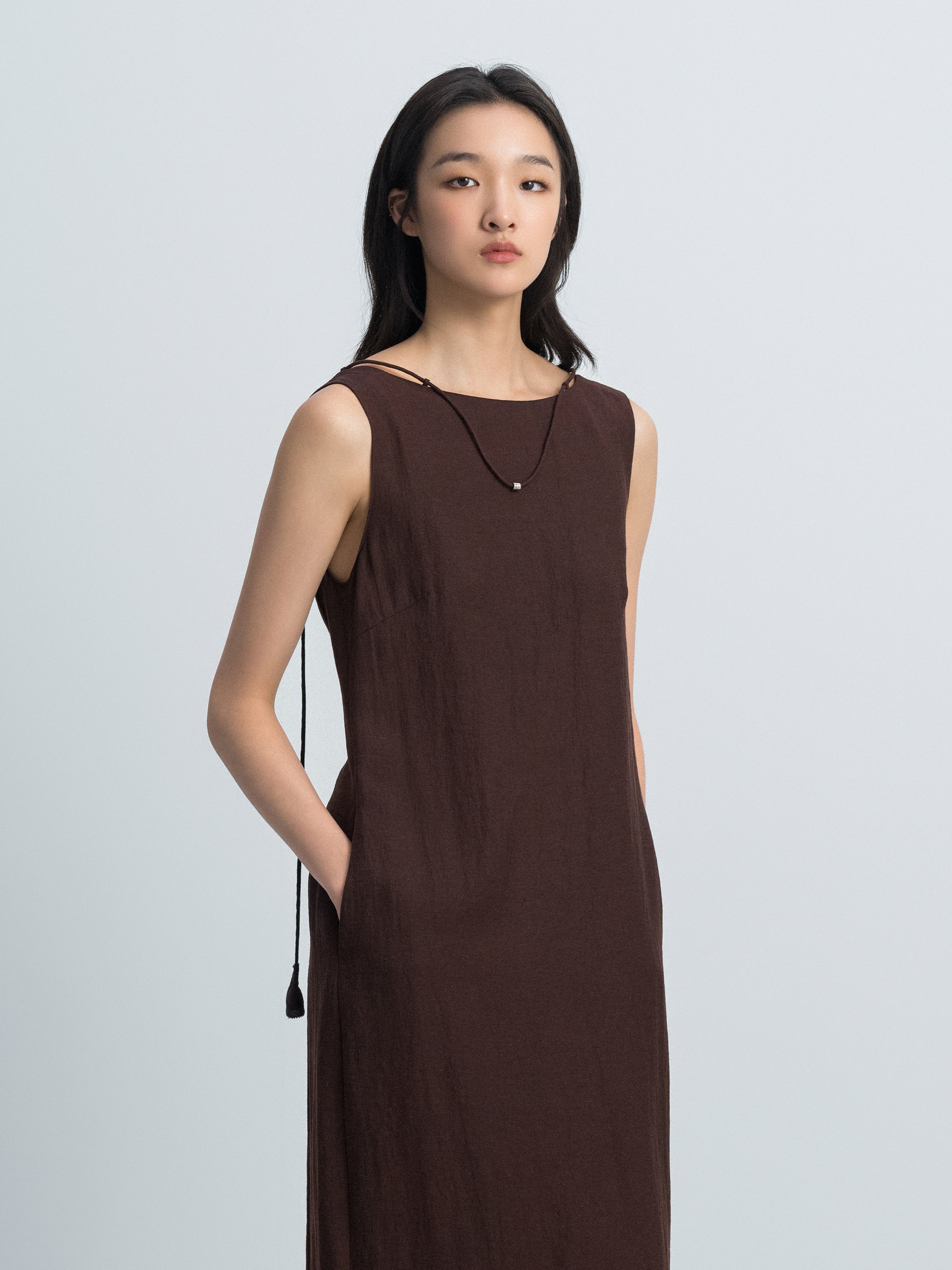 Coffee Brown Linen Blend Drawstring V Knot Cocoon Dress
