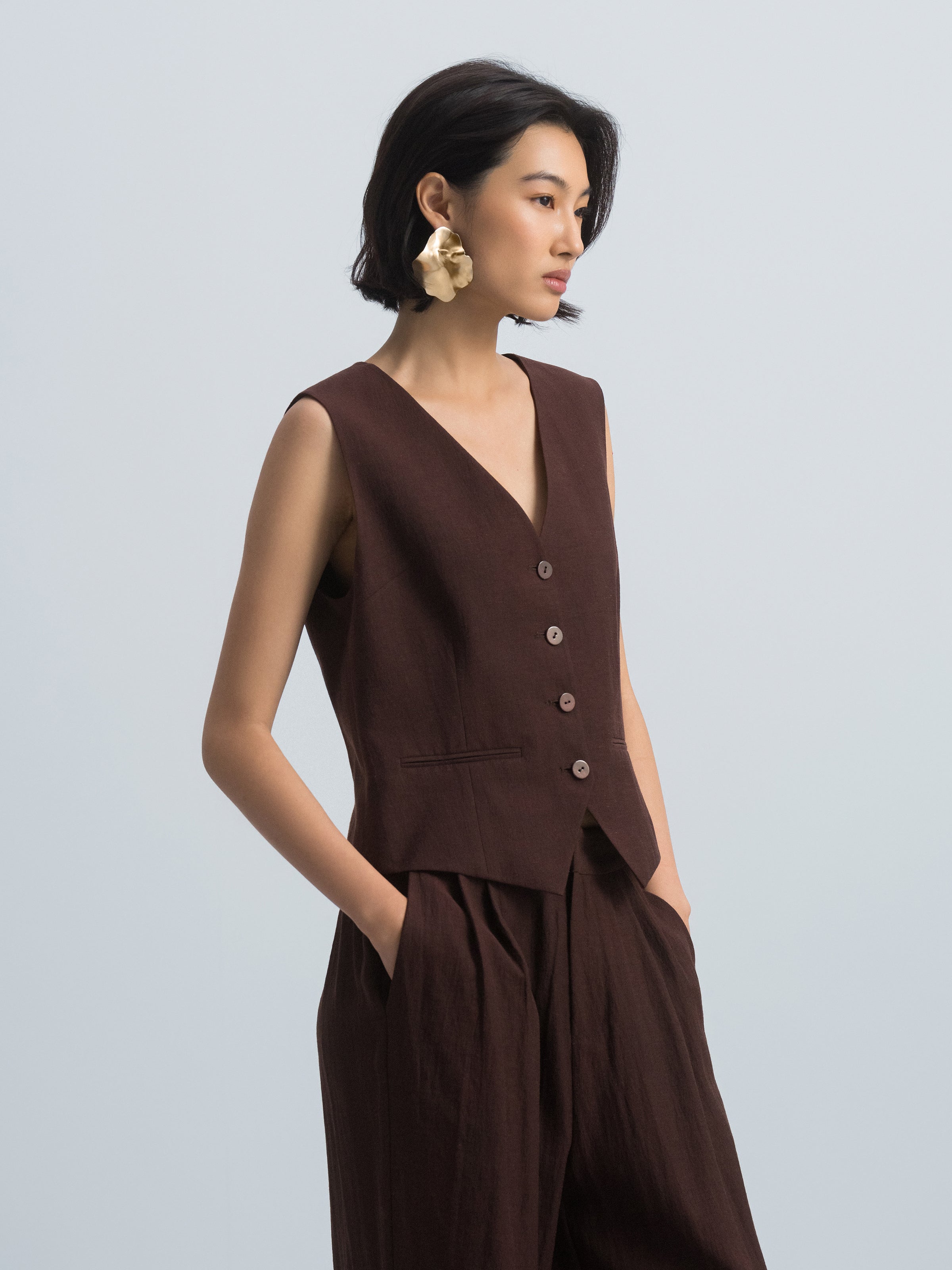 Coffee Brown Linen Blend Shell Button V-Neck Vest