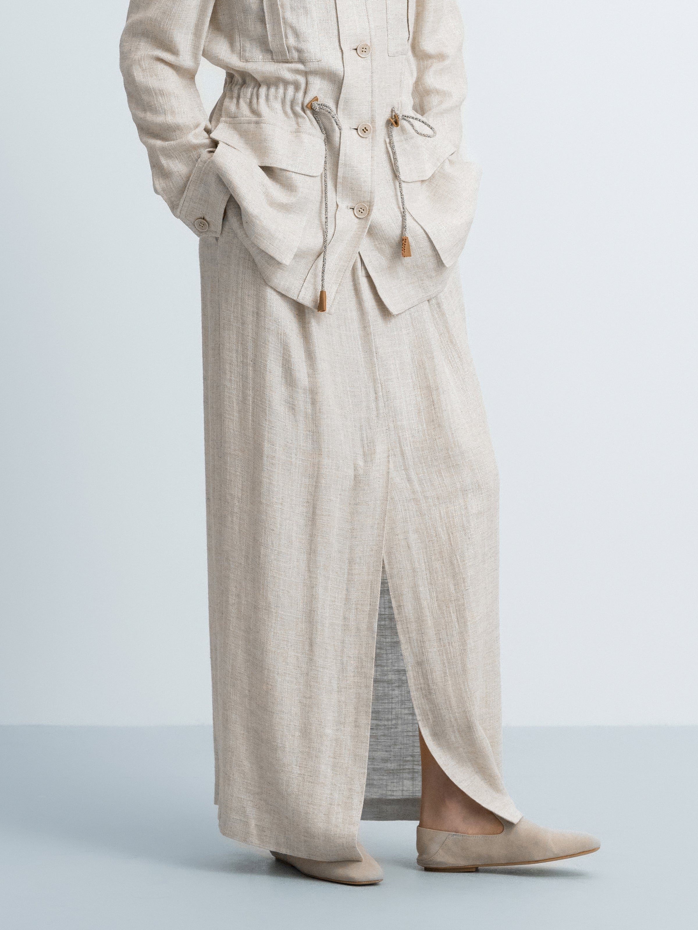 Beige Shimmering Linen Viscose Front Slit Midi Skirt