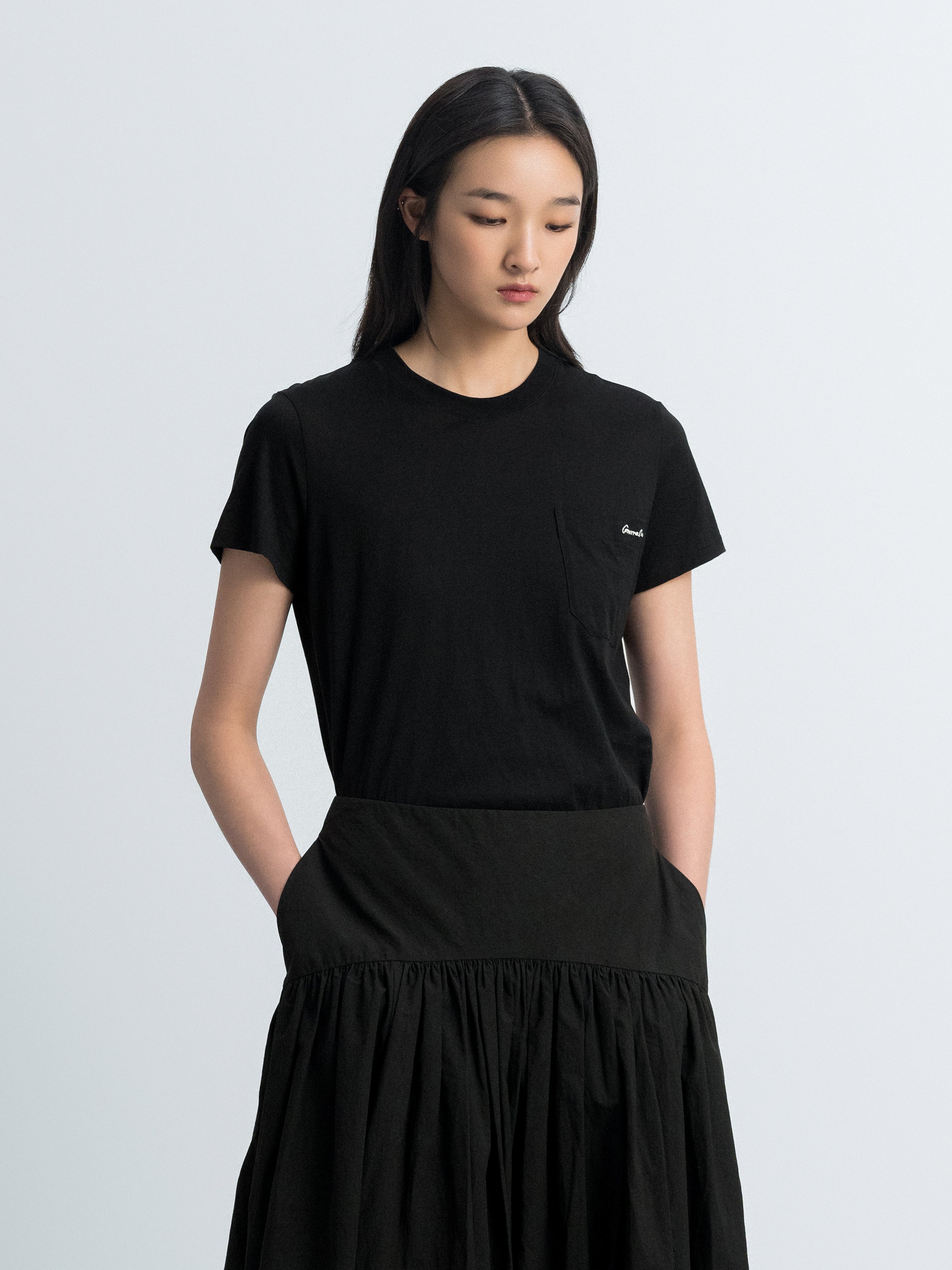Black Jersey Knit Patch Pocket Logo Embroidery T-Shirt