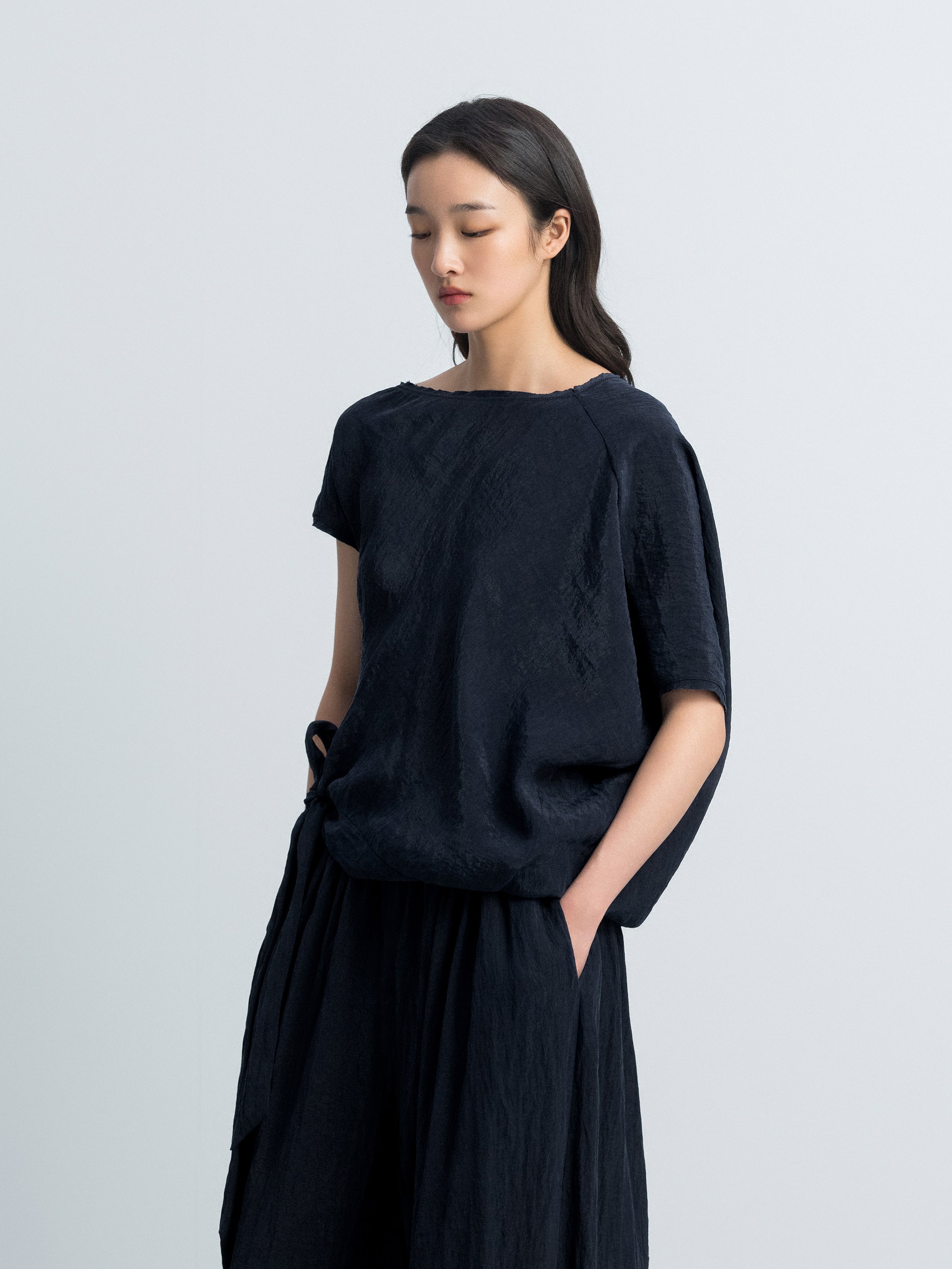 Navy Blue Tencel Snow-Washed Asymmetric Sleeve Cocoon Top