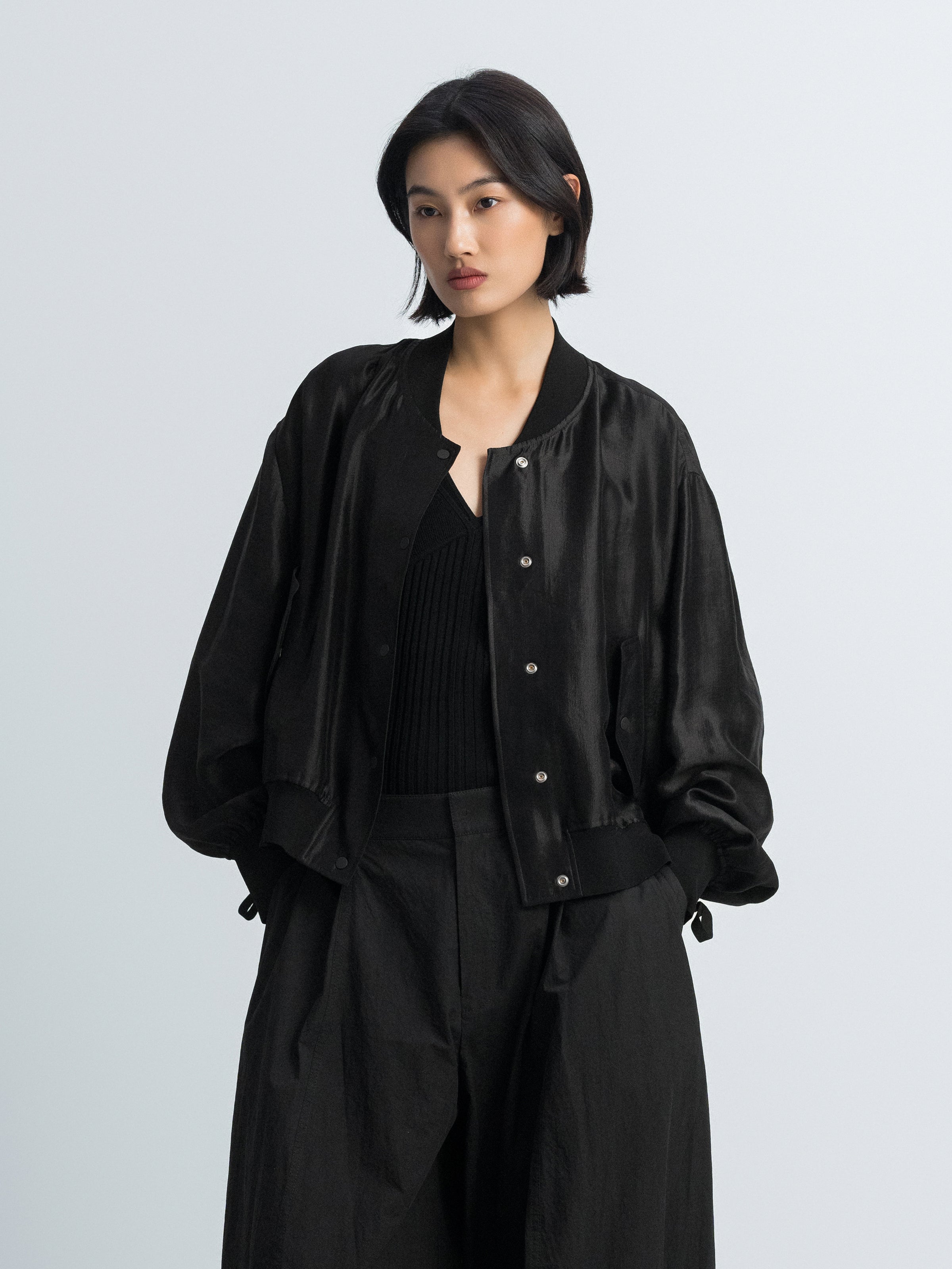 Black Shiny Silk Cropped Drop-Shoulder Drawstring Jacket