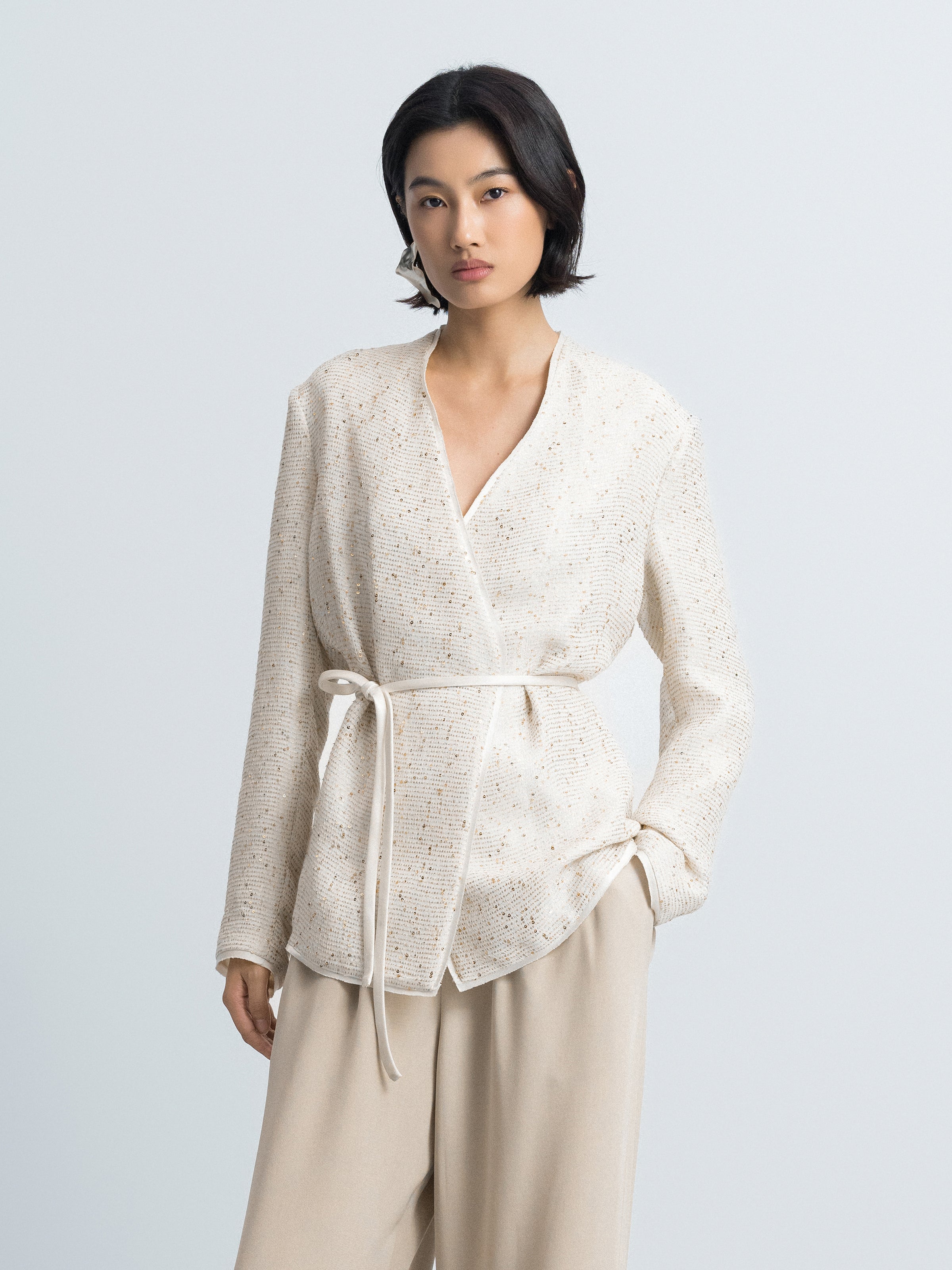 Beige Sequin Stripe V-Neck Satin Belt Blazer