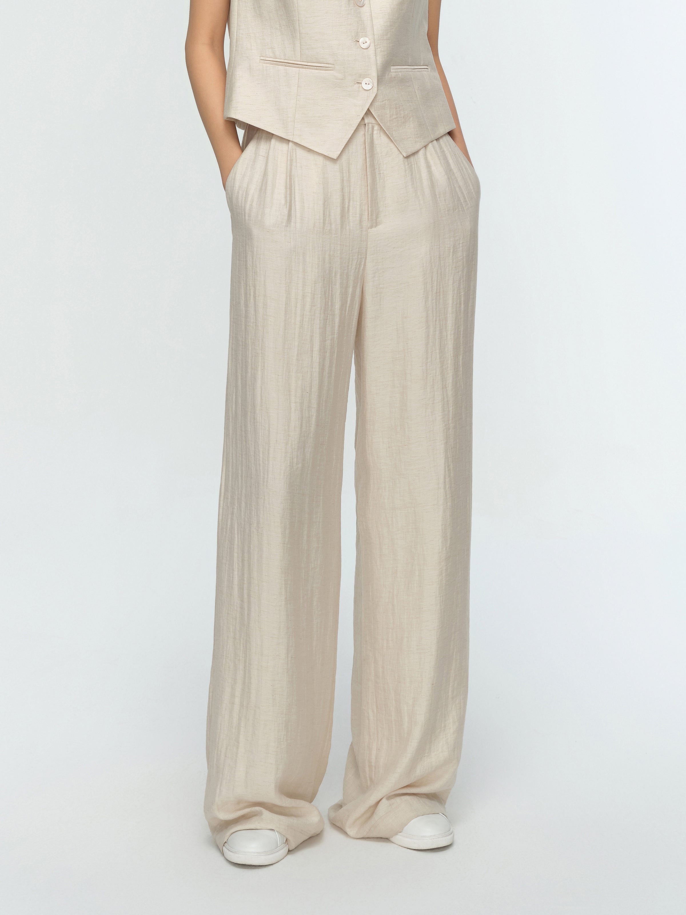 Cream White Linen Elastic Back Wide-Leg Trousers