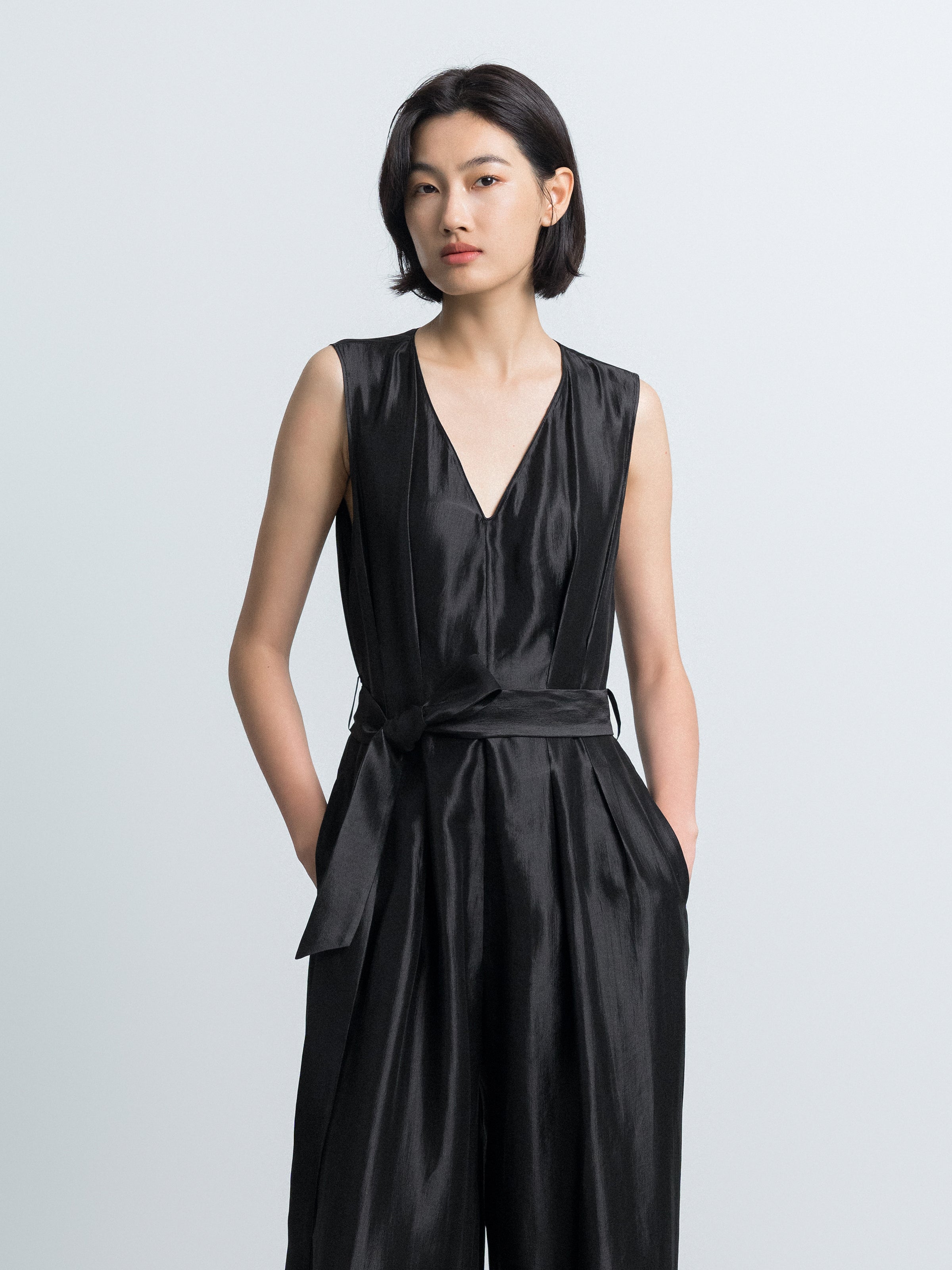 Black Shiny Silk Fitted Waist Wide Streamer Jumpsuit