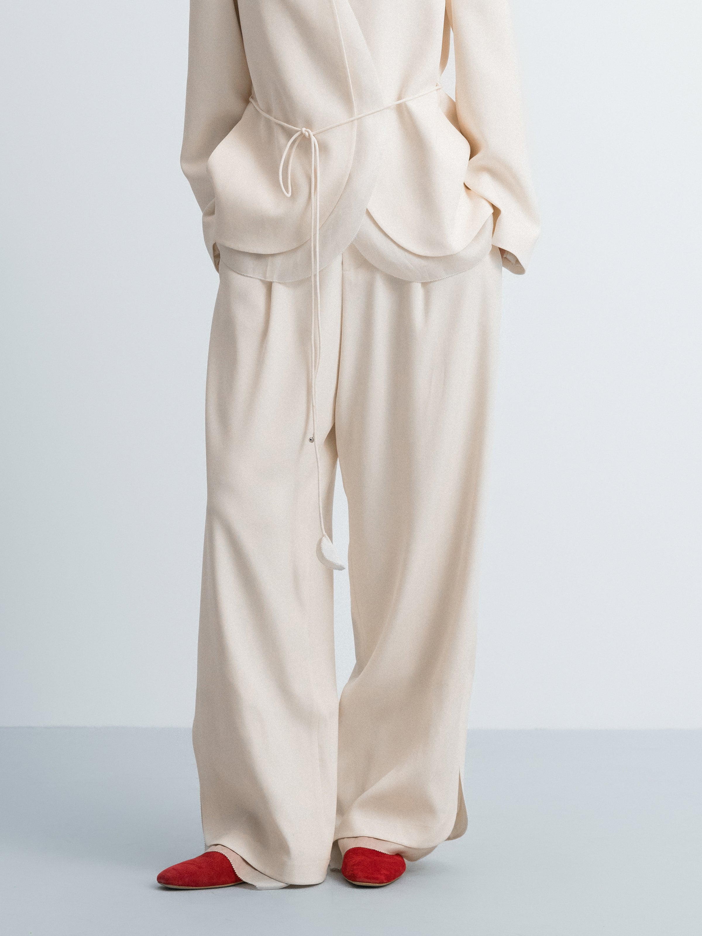 Cream White Triacetate Organza Mesh Wide-Leg Trousers