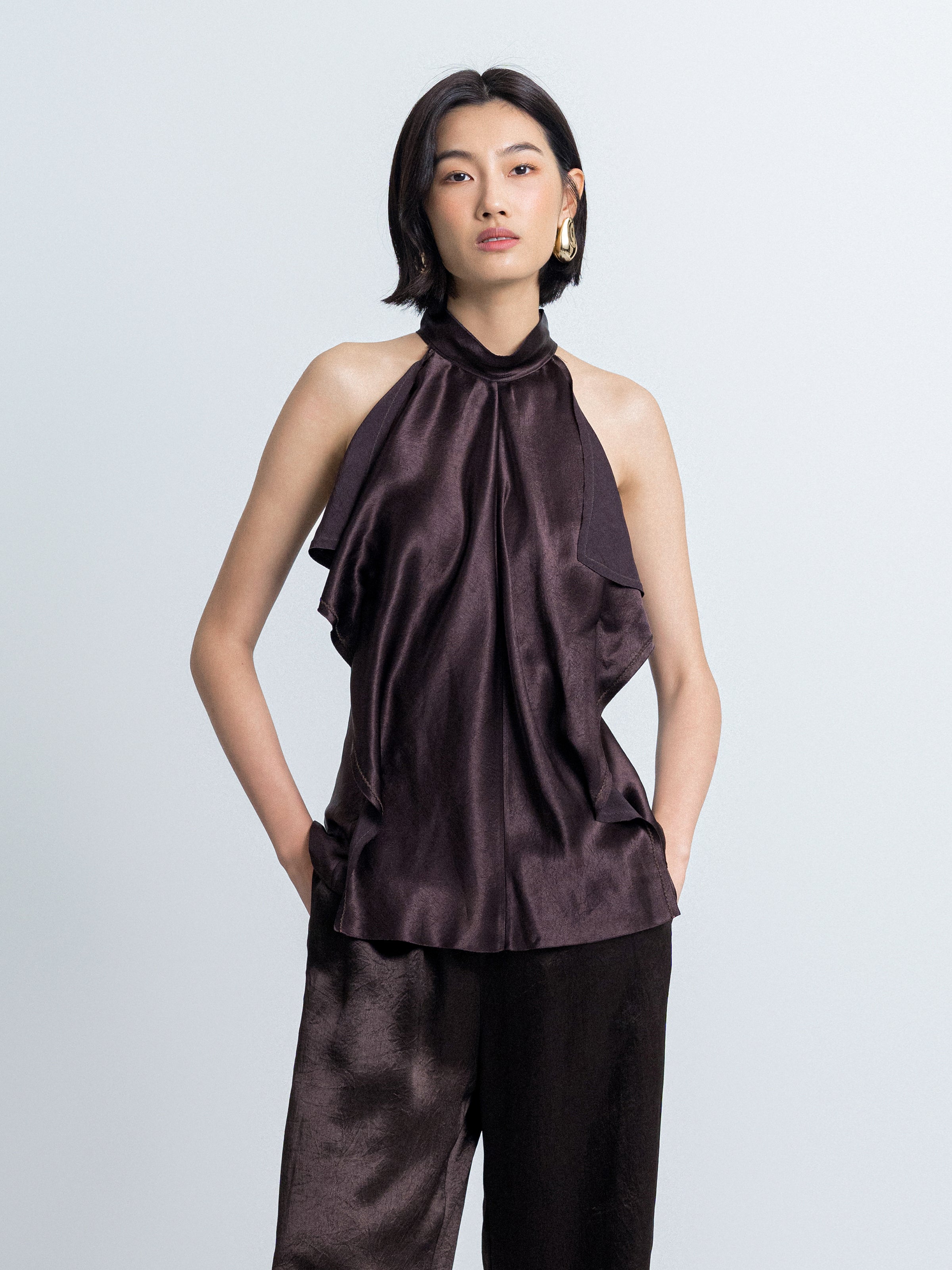 Mini Stand Collar Flowy Tie Top