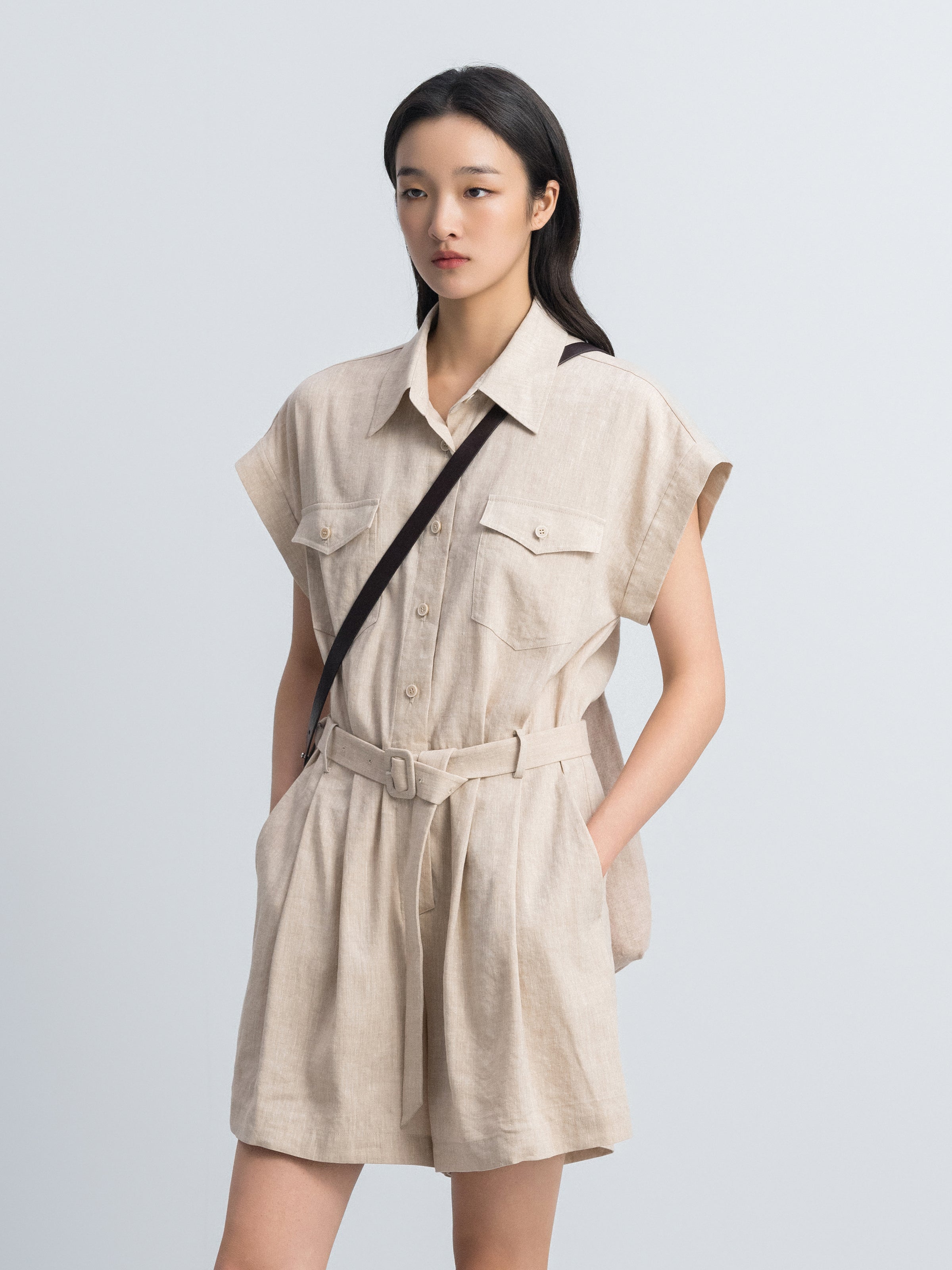 Oatmeal Linen Blend Drop-Shoulder D-Ring Belt Romper