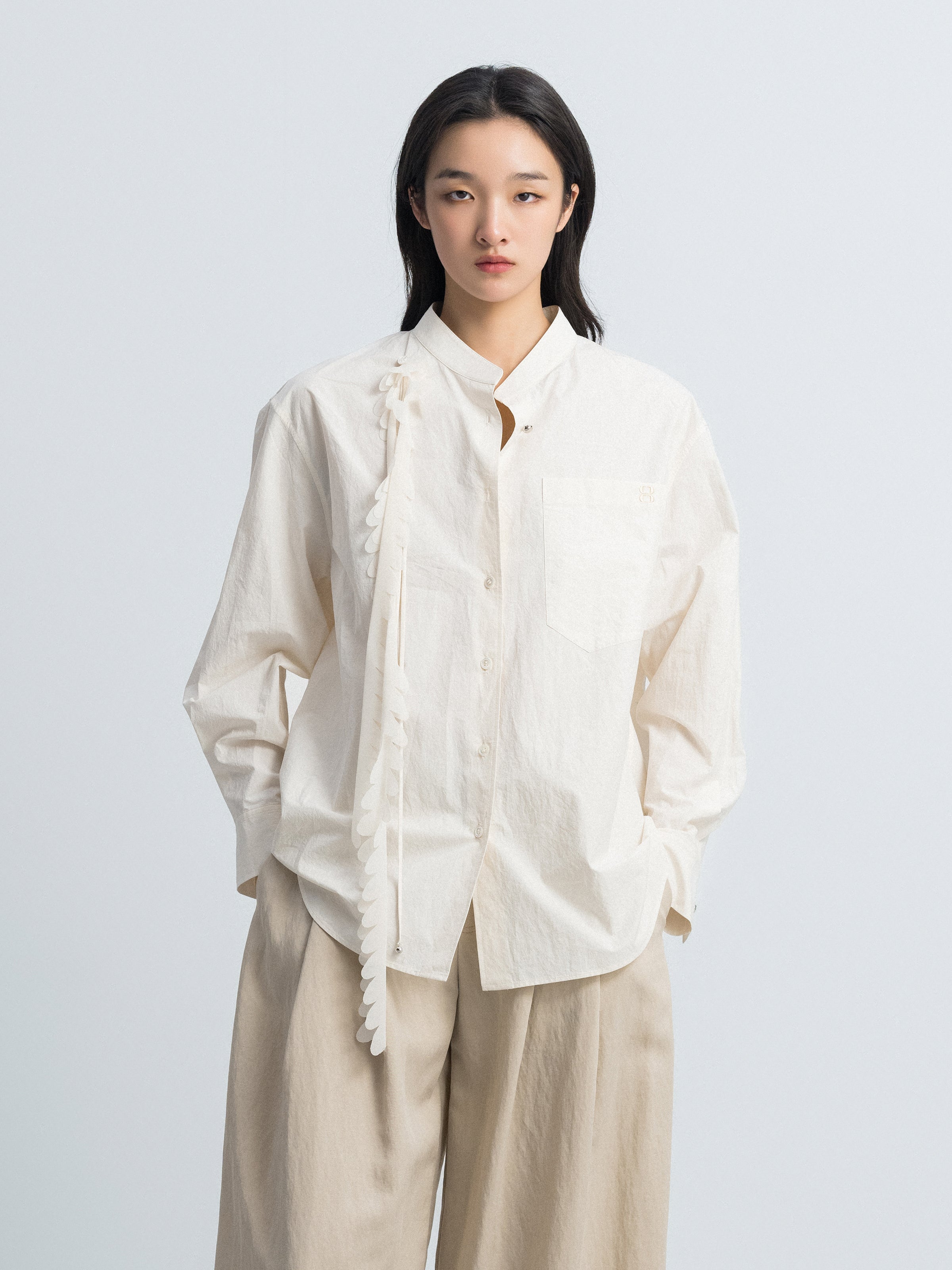 Cream White Washed Pima Cotton Stand Collar Detachable Shirt