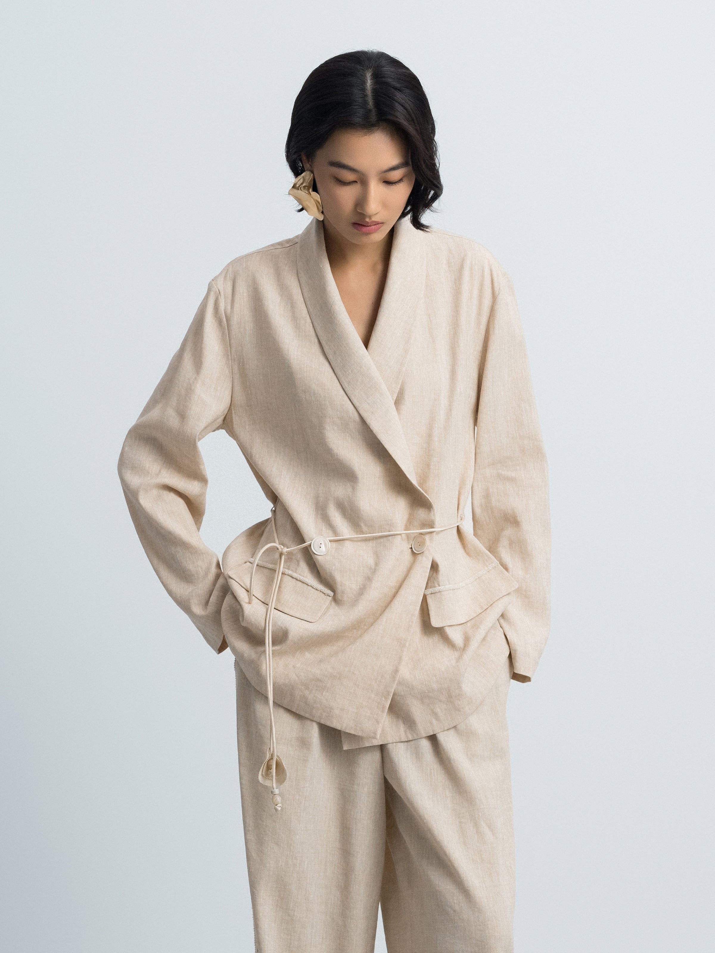Oatmeal Linen Blend Shawl Collar Drawstring Straight Blazer