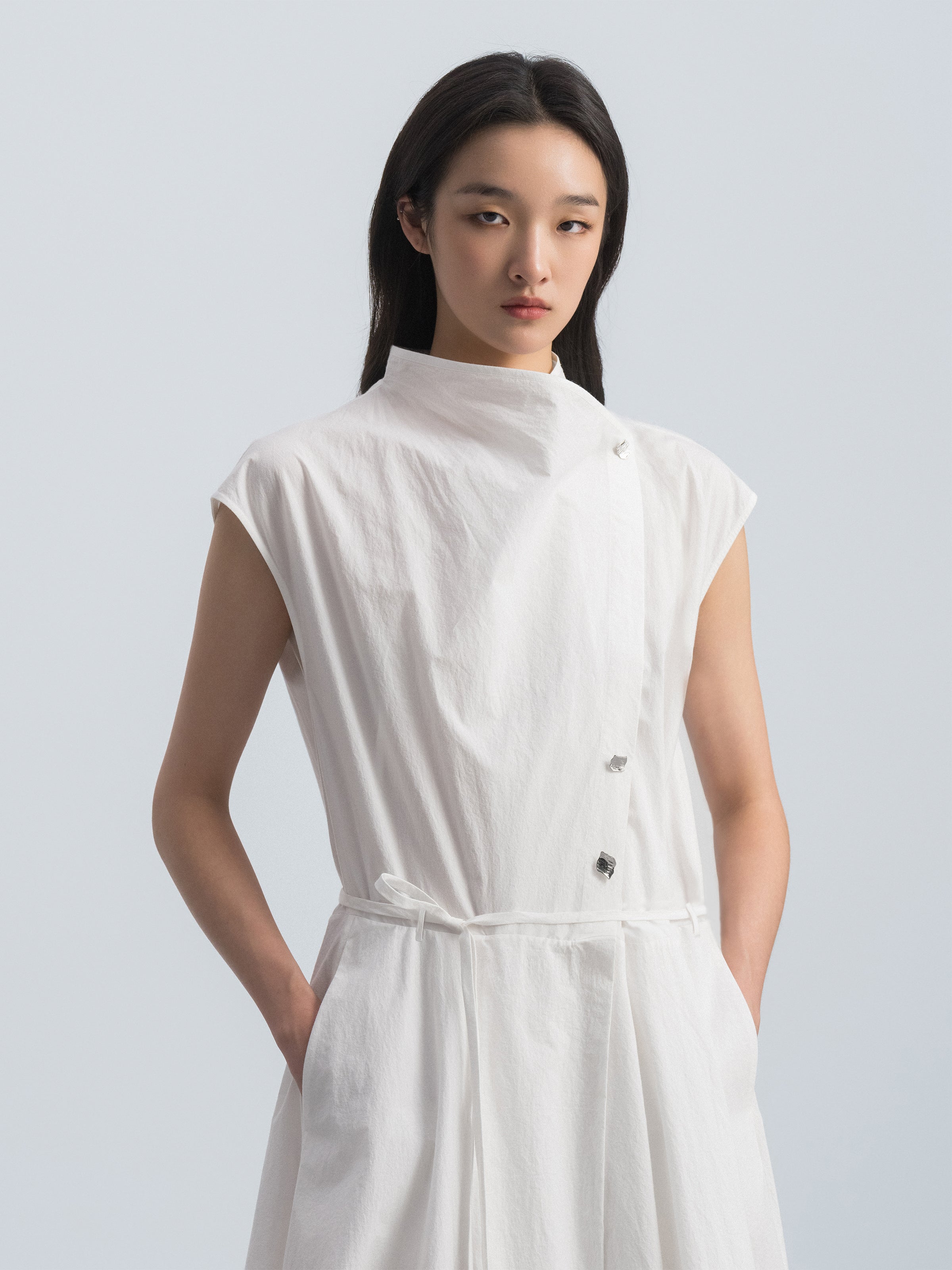 Off White Cotton Crinkle Draped Neck Belt Waist Dress