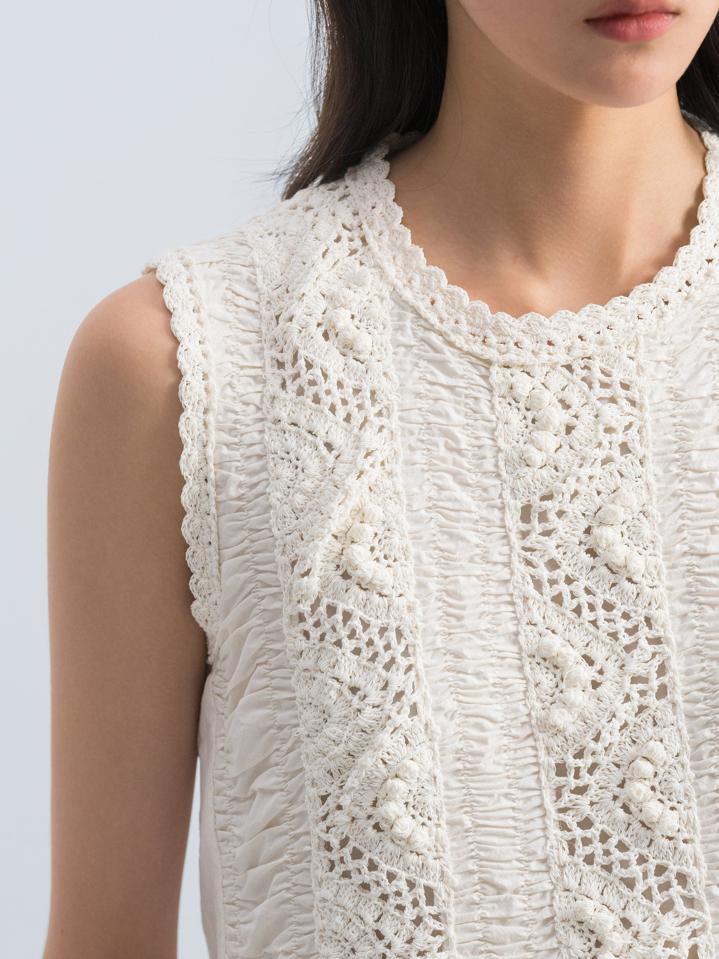 Cream White Pima Cotton Crocheted Flower Splice Sleeveless Dress