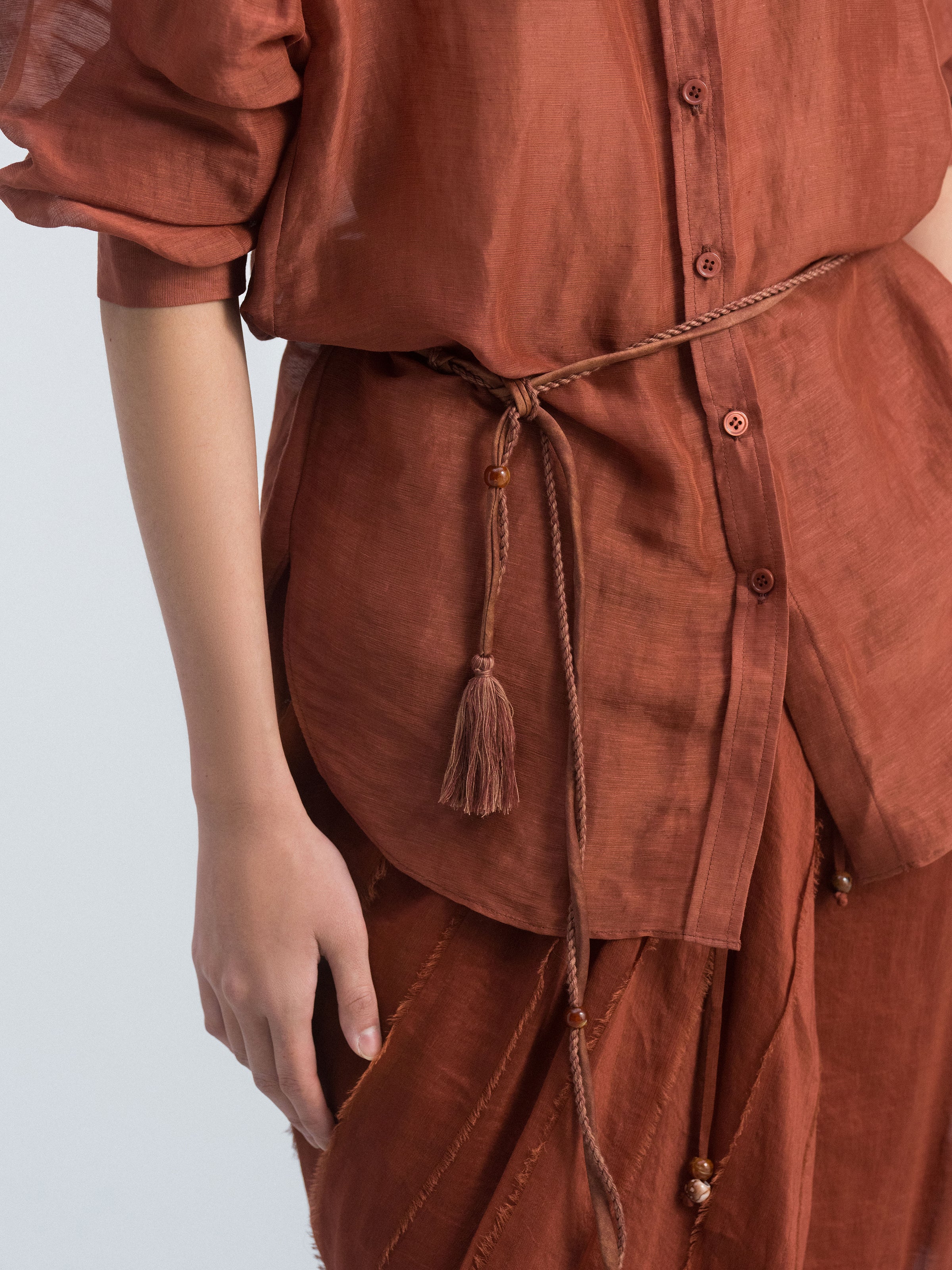 Dark Red Silk Linen Bead Tie Drop-Shoulder Long-Sleeve Shirt