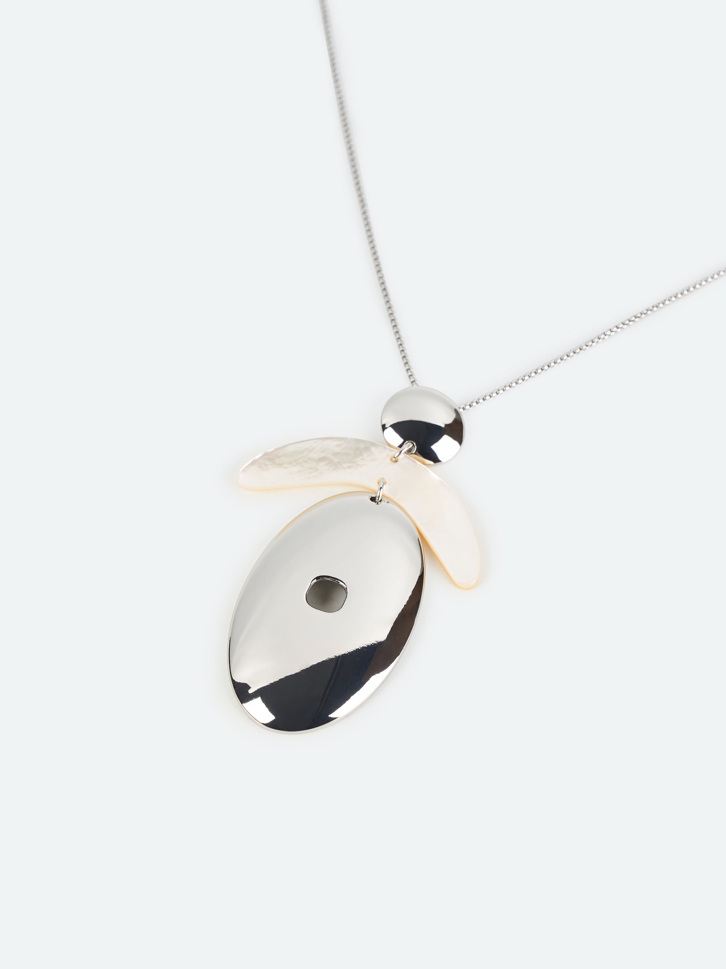 Silver Mother of Pearl Crescent Oval Pendant Necklace