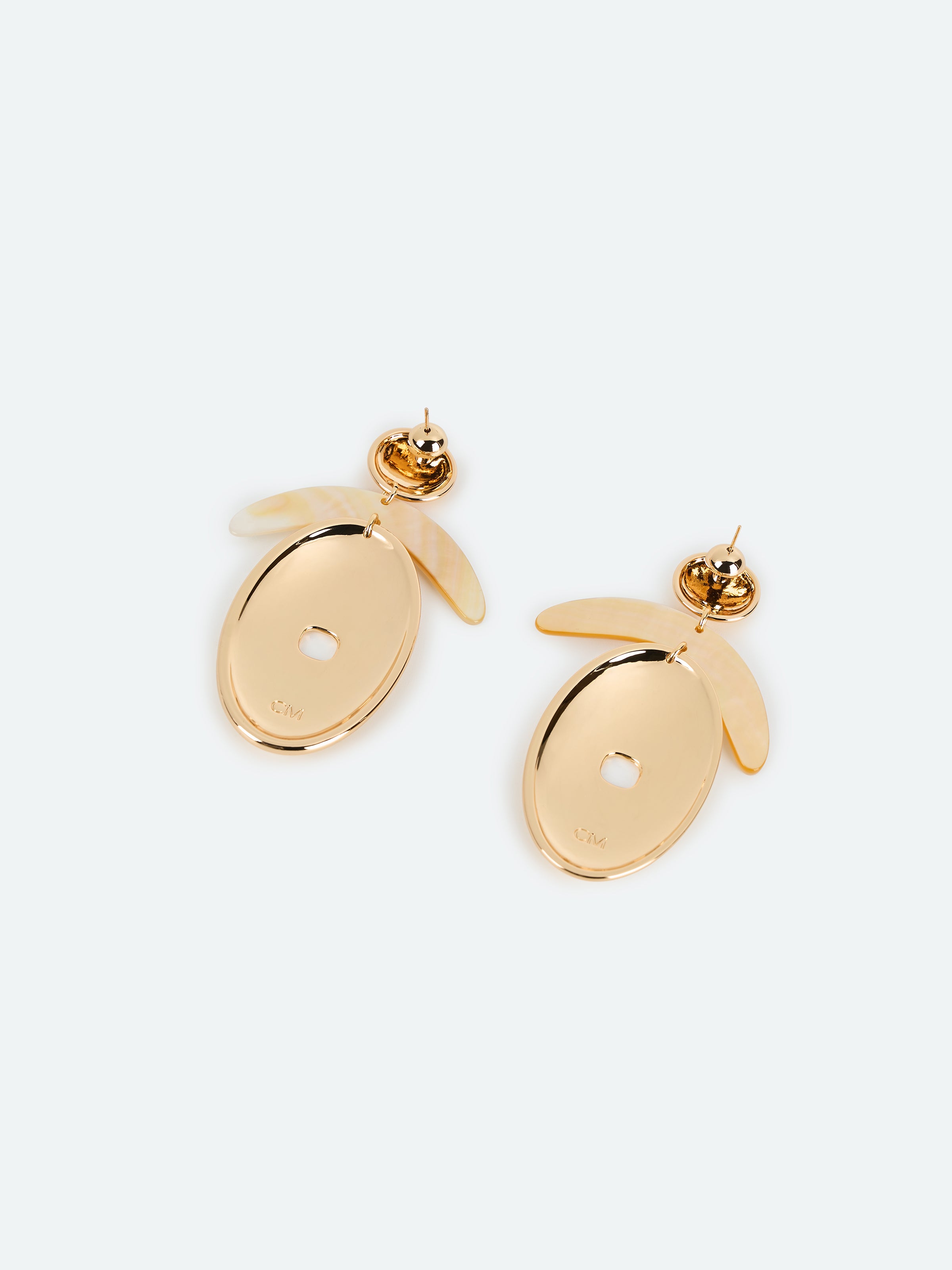 Gold Mother of Pearl Crescent Oval Pendant Earrings