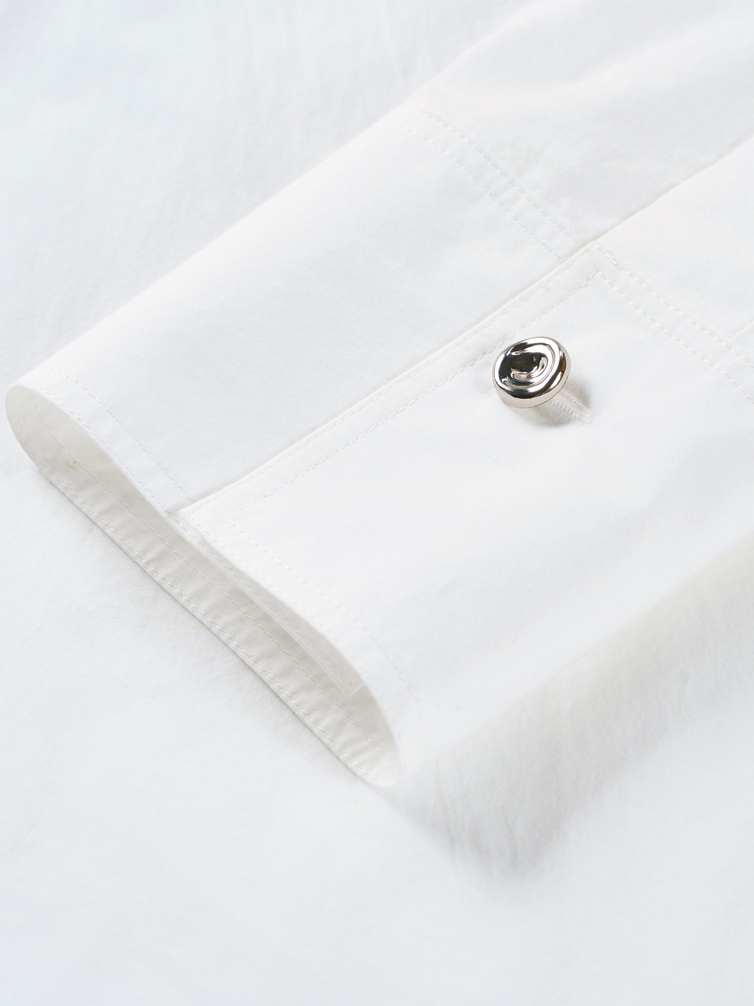 Off White Cotton Crinkle Stand Collar Hidden Placket Shirt