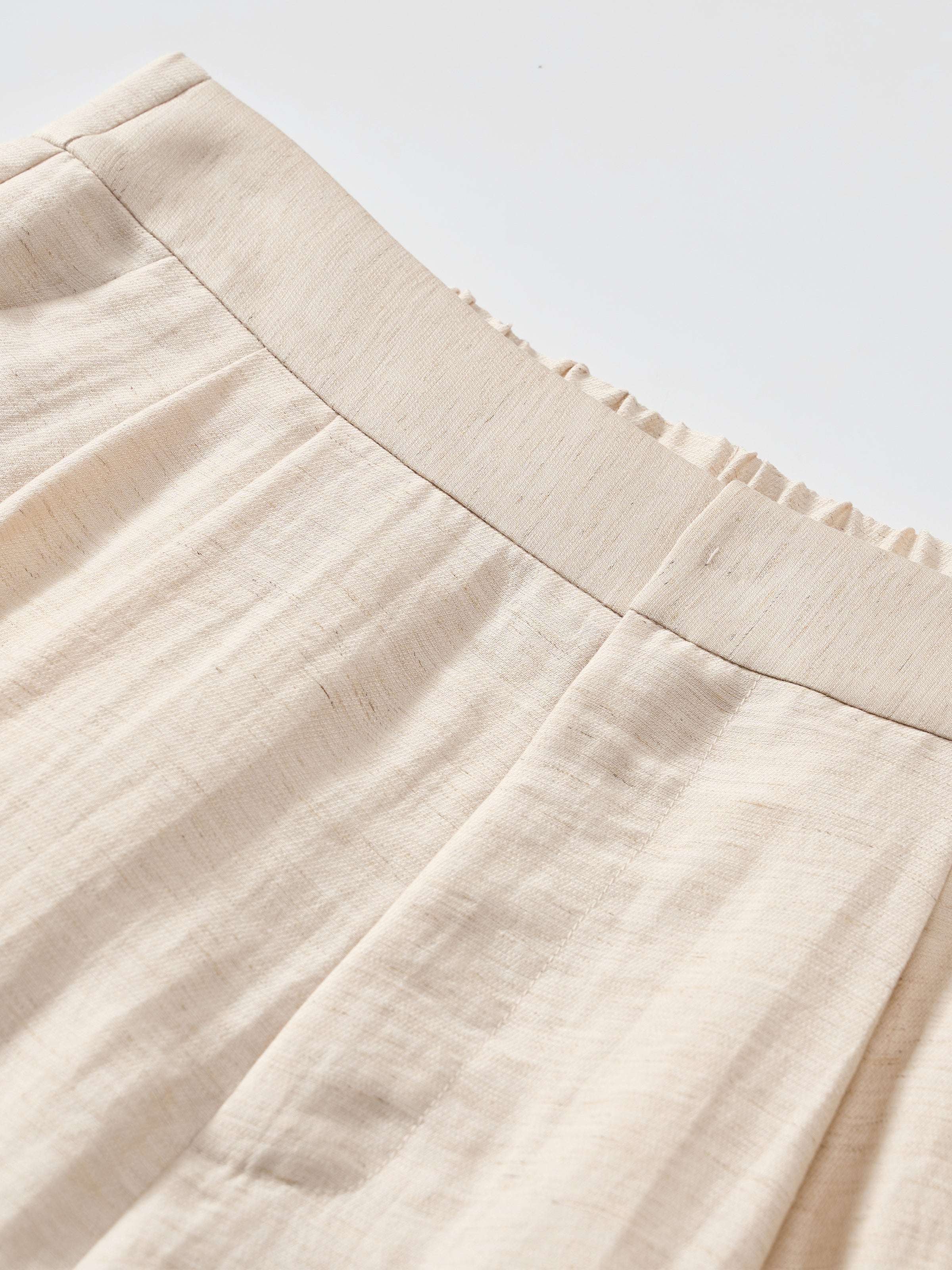 Cream White Linen Elastic Back Wide-Leg Trousers