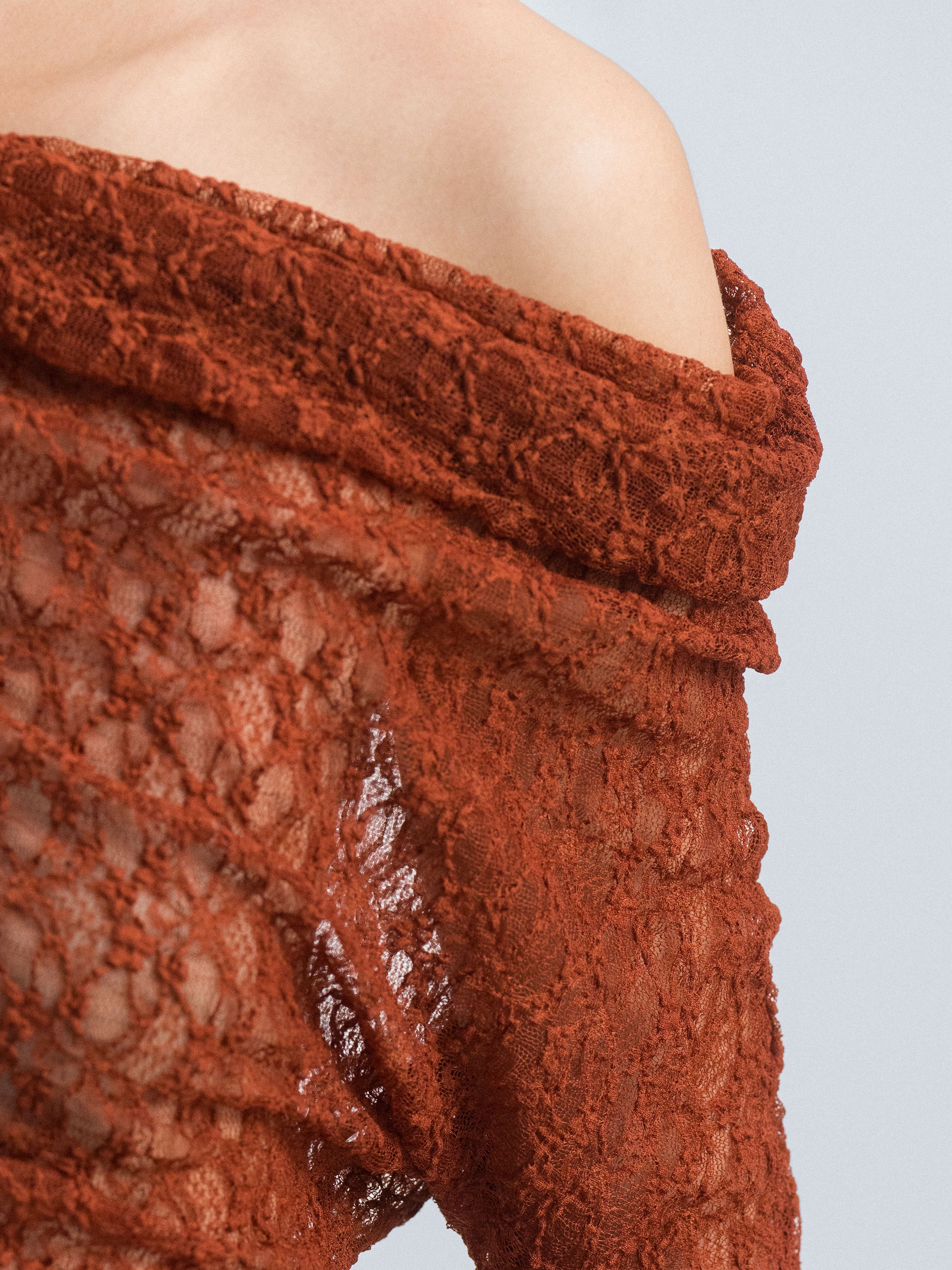 Orange Red Stretch Lace Stacked Neck Fitted Long-Sleeve Top