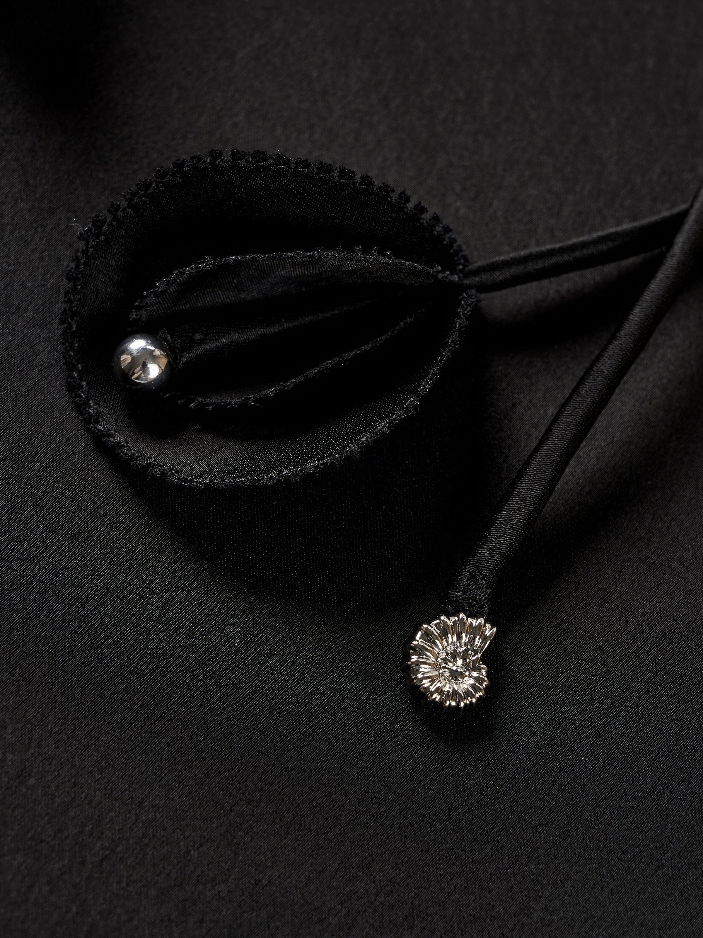 Black Water Wave Satin Shawl Collar Drawstring Blazer