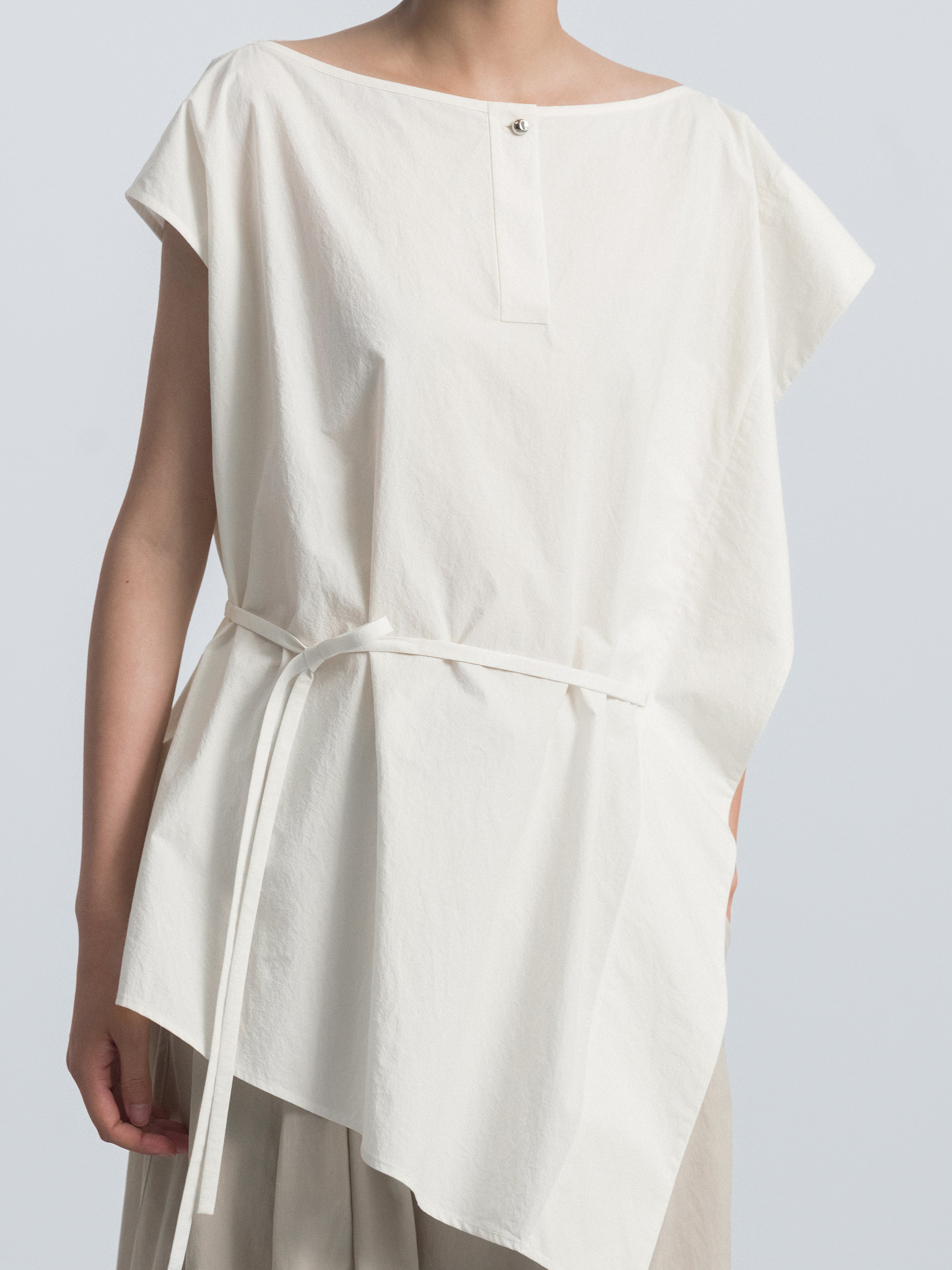 Cream White Pima Cotton Asymmetric Belt Waist Sleeveless Top