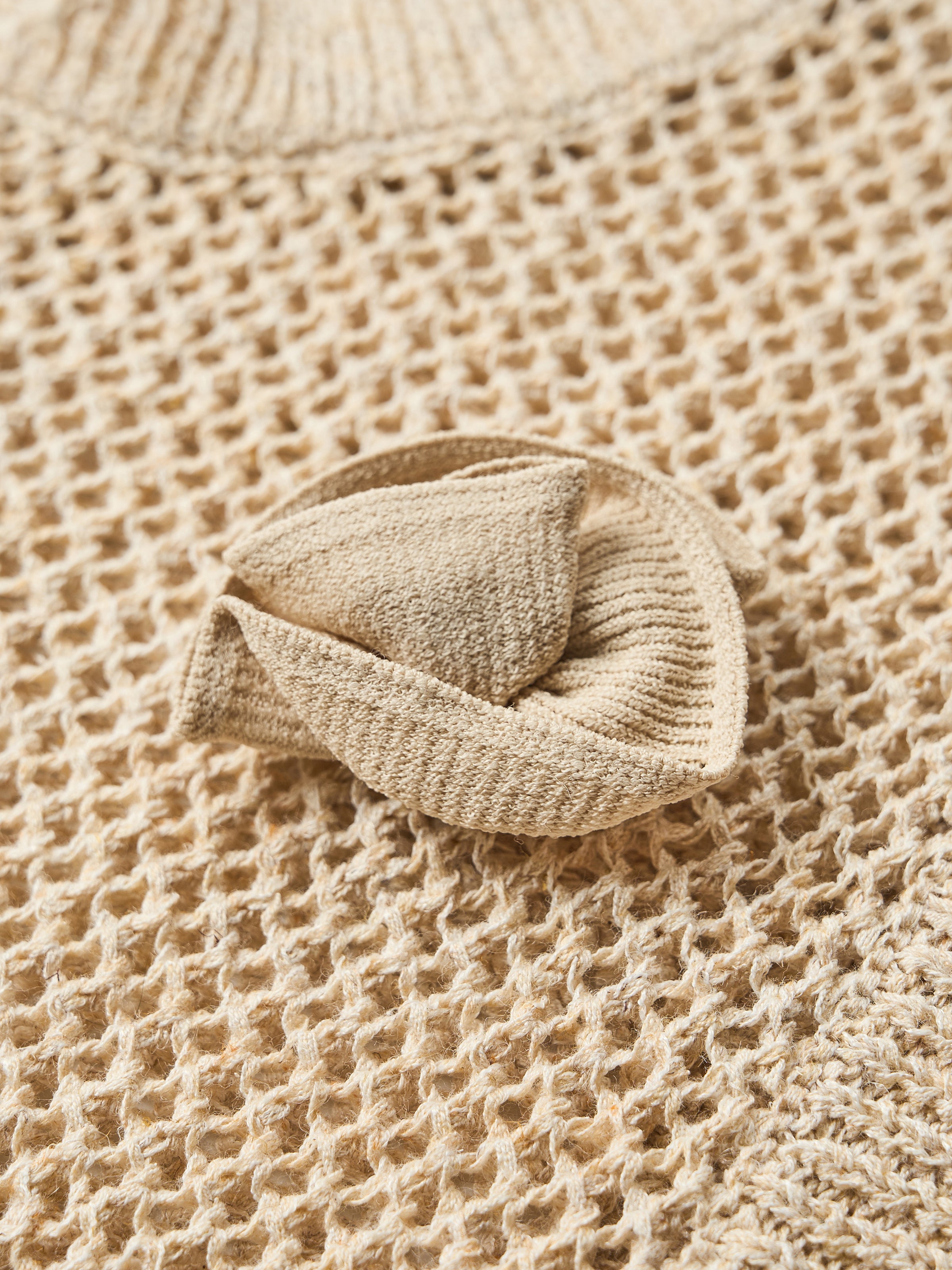 Beige Cotton Poly Linen Hollow Henley 3D Flower Knit Vest
