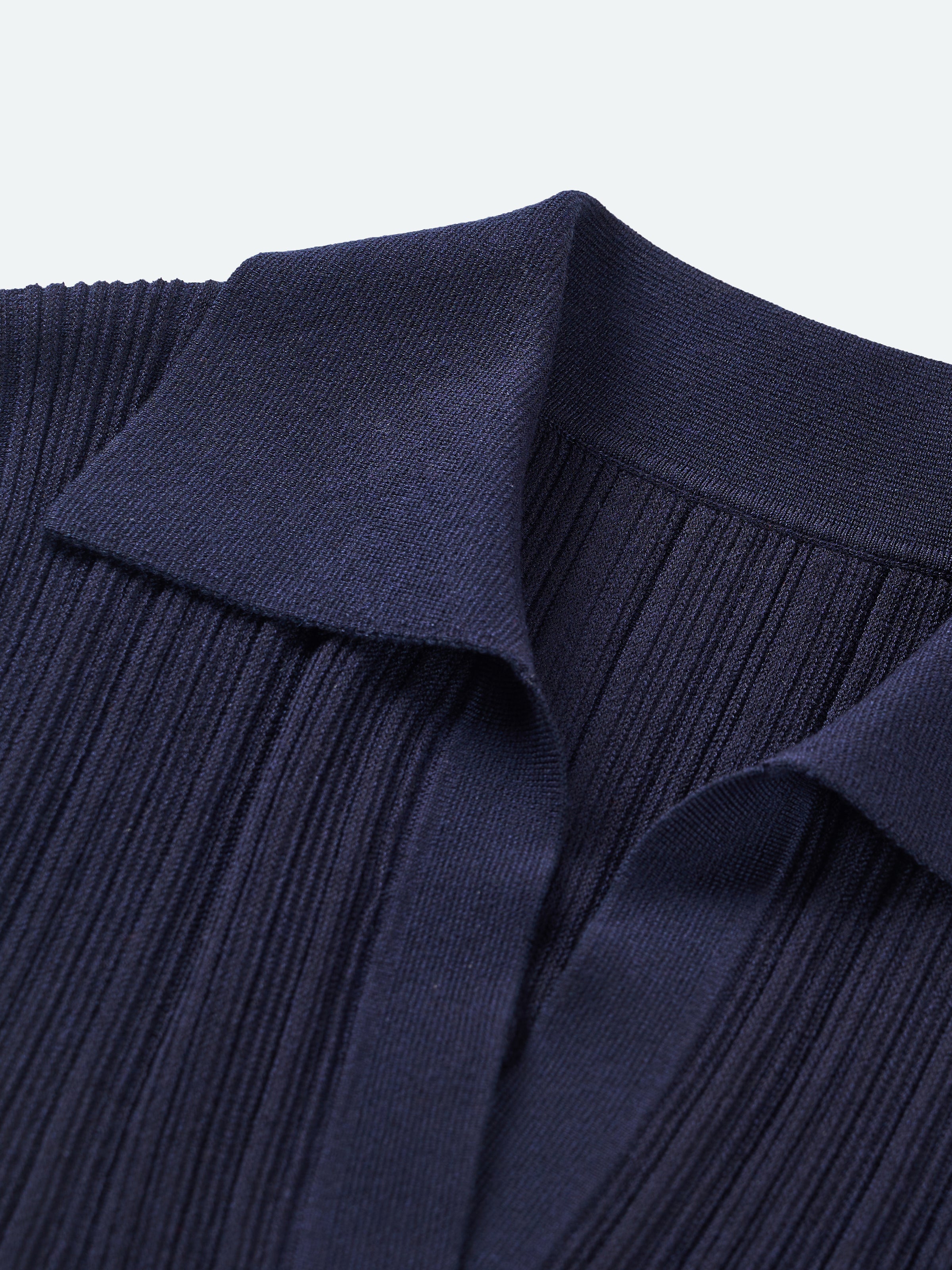 Navy Blue Tencel Acetate Vertical Rib Fitted Slim Sweater