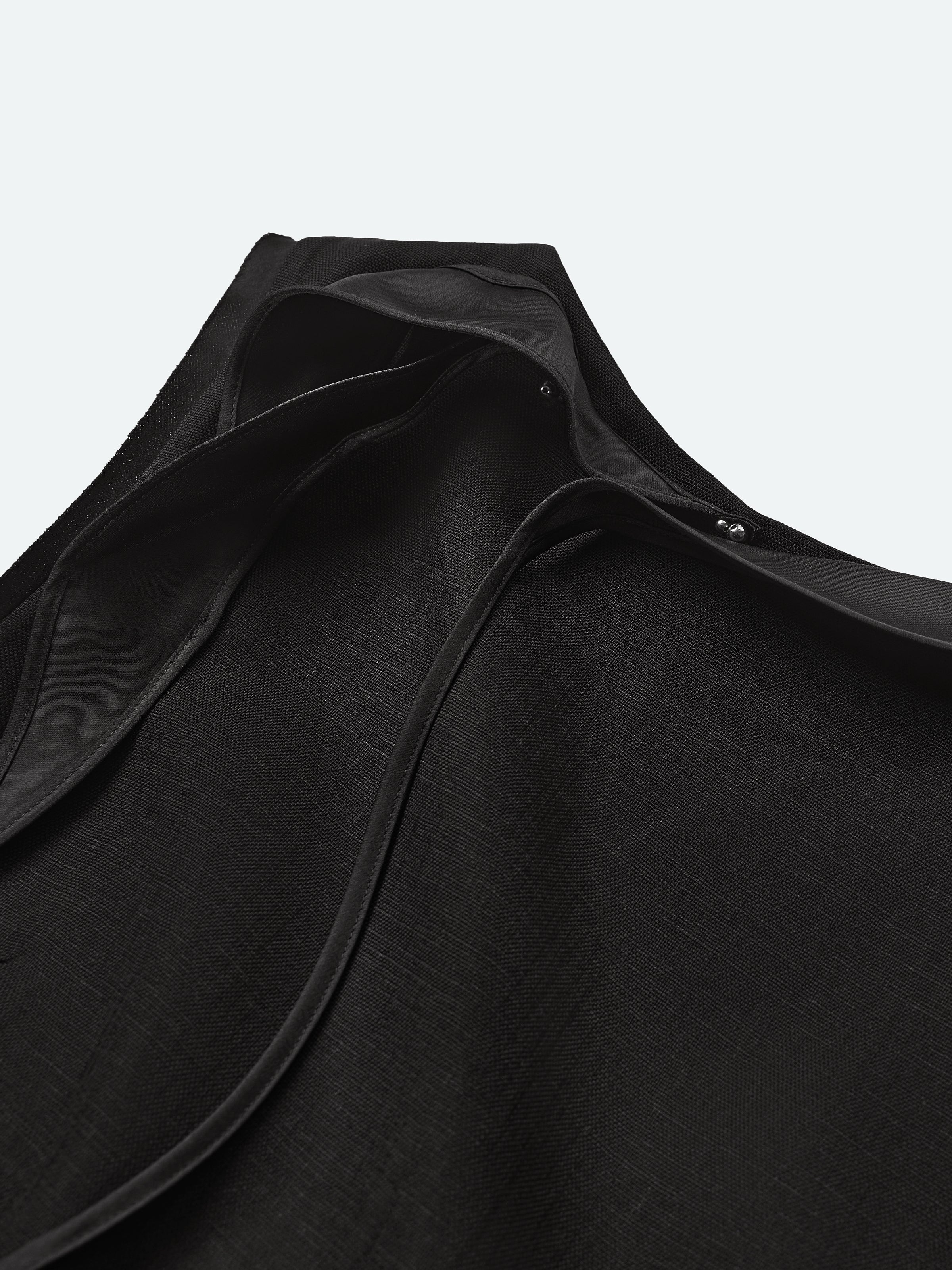 Black Diacetate Linen Weave Back V Knot Sleeveless Dress