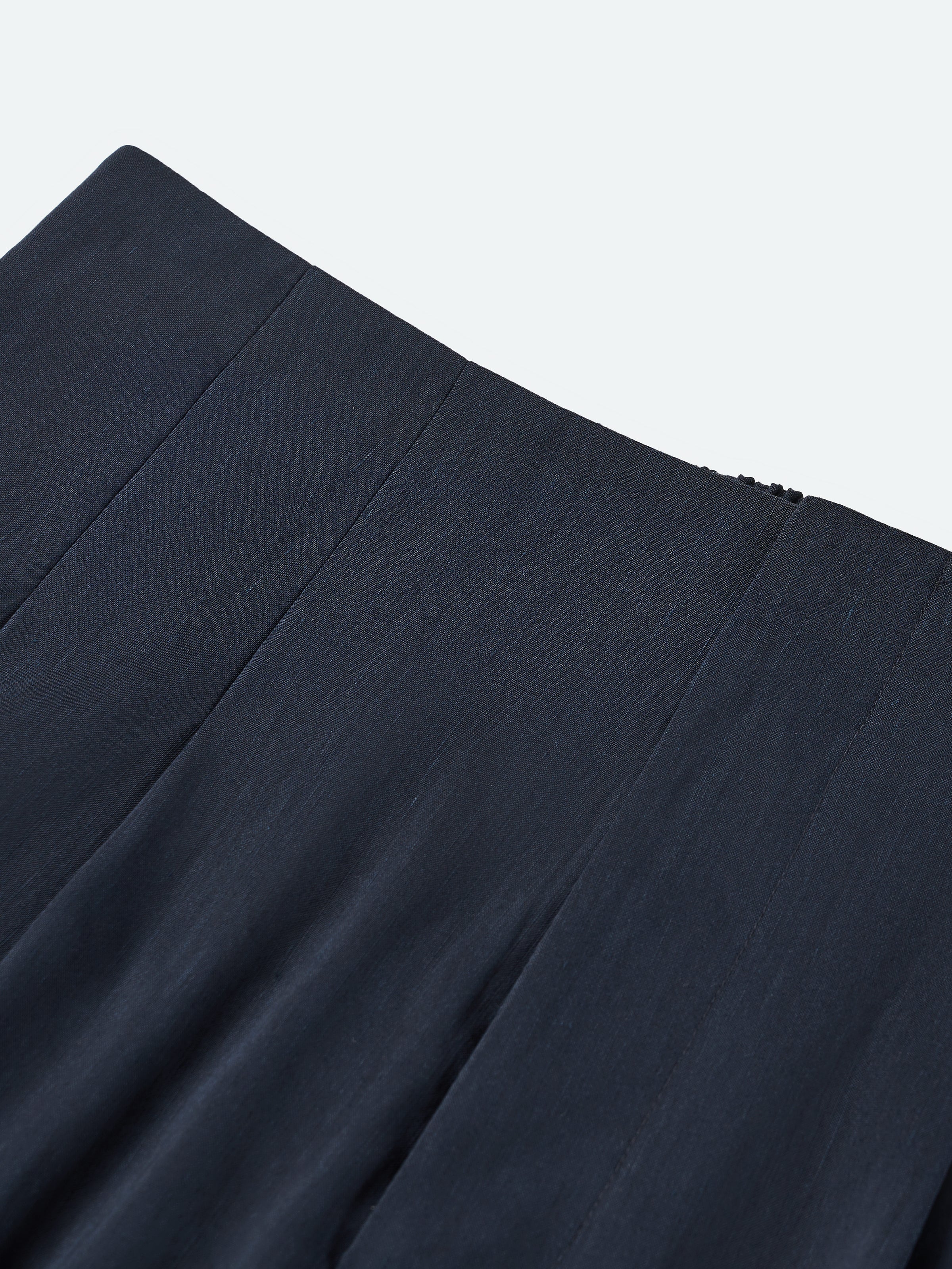 Navy Blue Linen Blend Double Pleat Wide-Leg Trousers