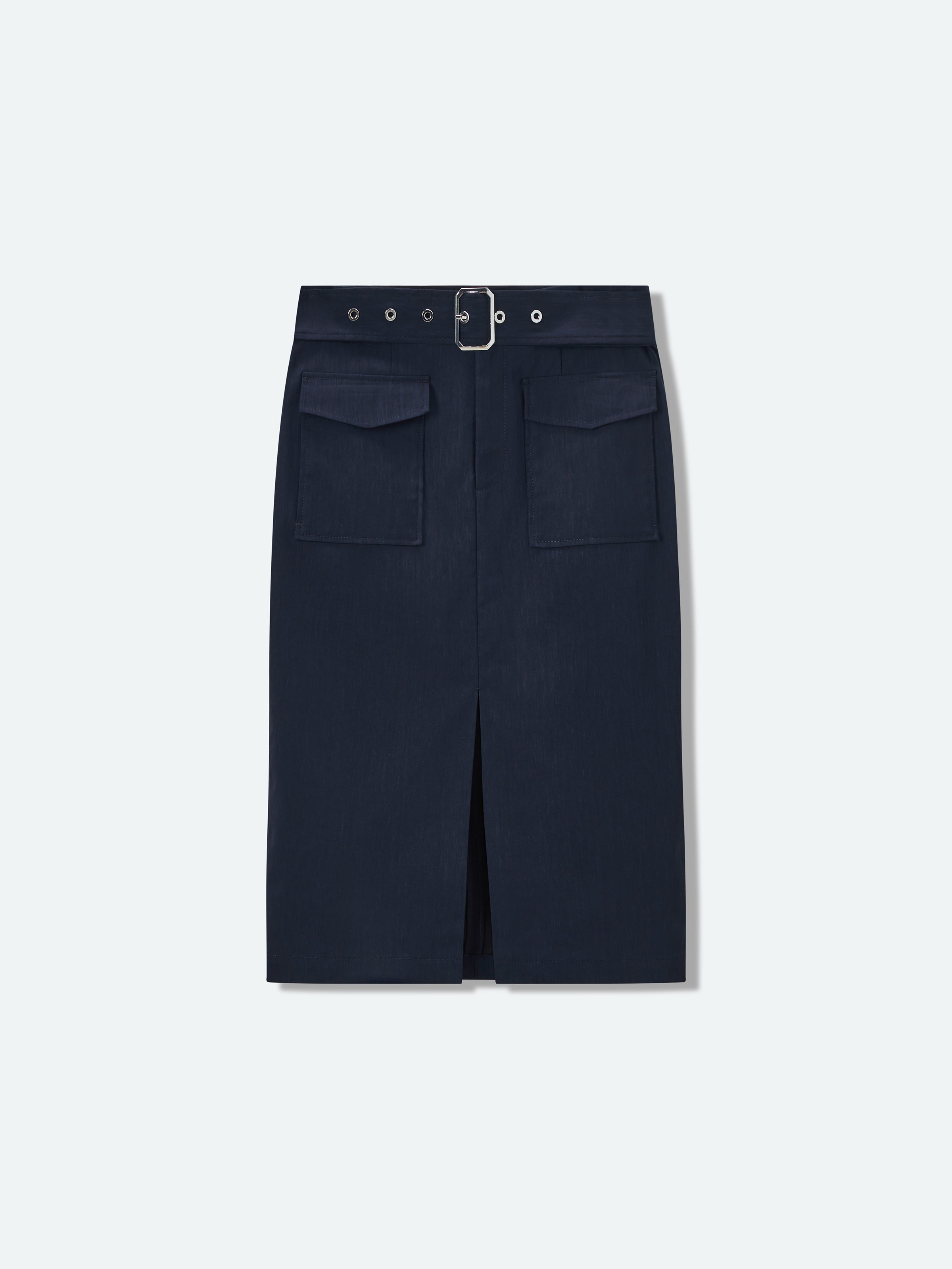Navy Blue Linen Blend D-Ring Utility Pocket Midi Skirt