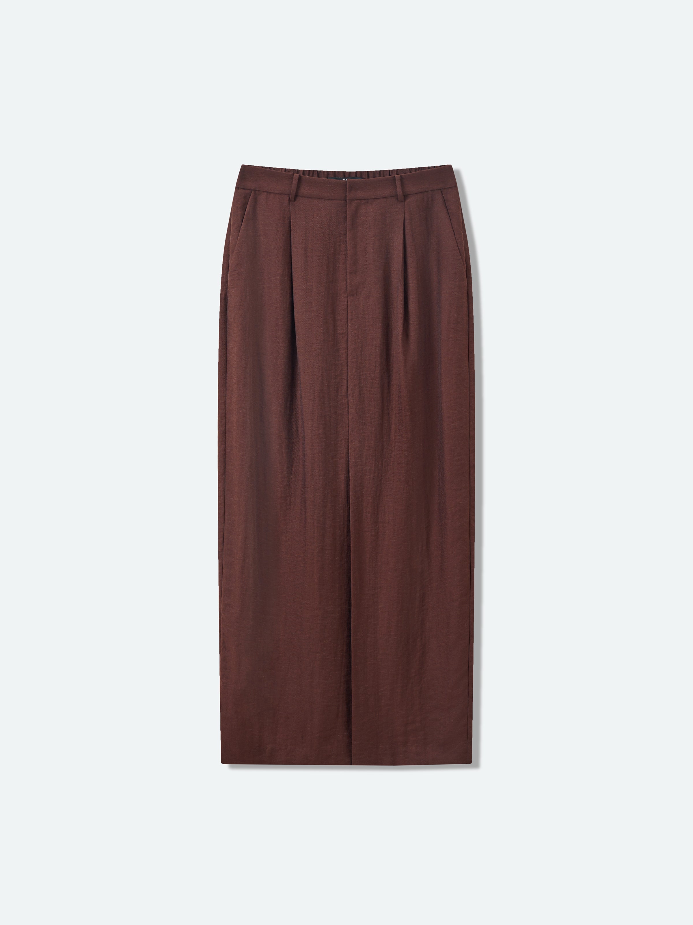 Coffee Brown Linen Blend Front Slit Elastic Long Skirt