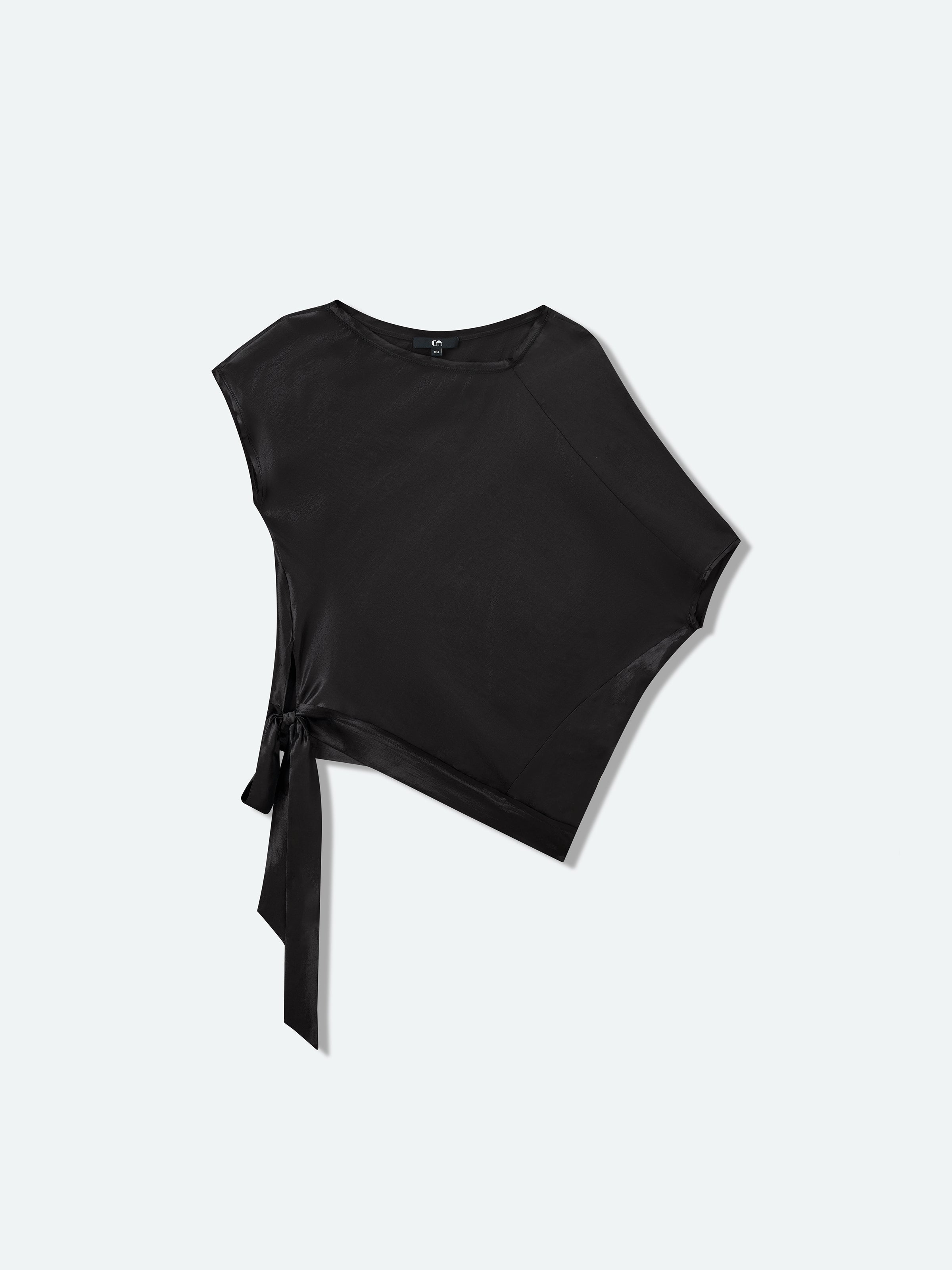 Black Shiny Silk Irregular Cocoon Asymmetric Sleeve Top