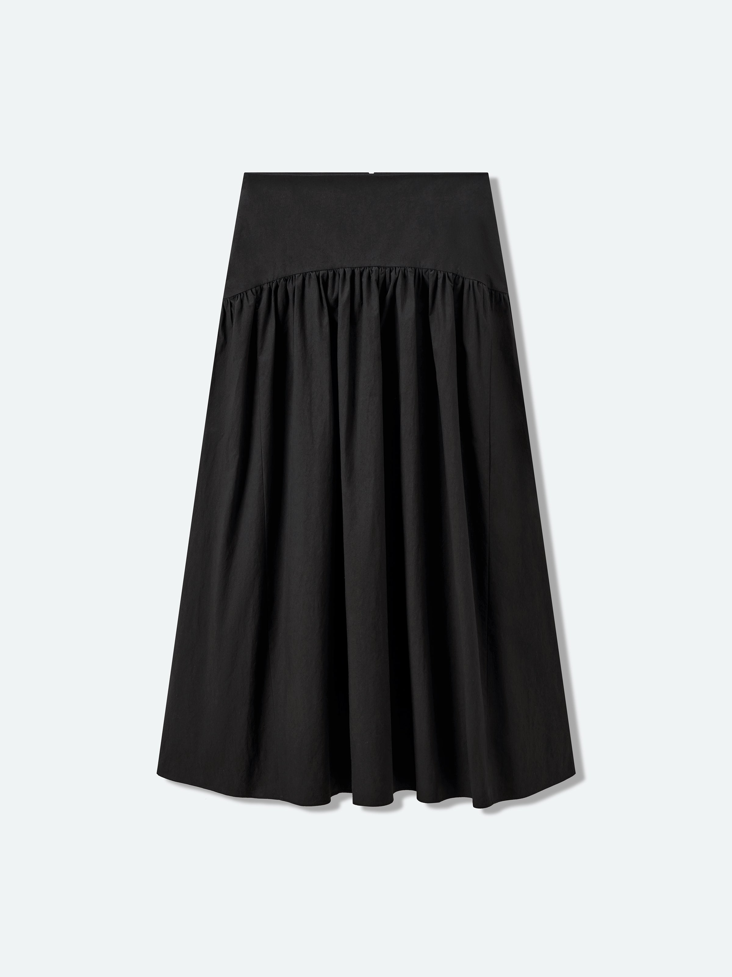 Black Washed Pima Cotton Ruched A-Line Long Skirt
