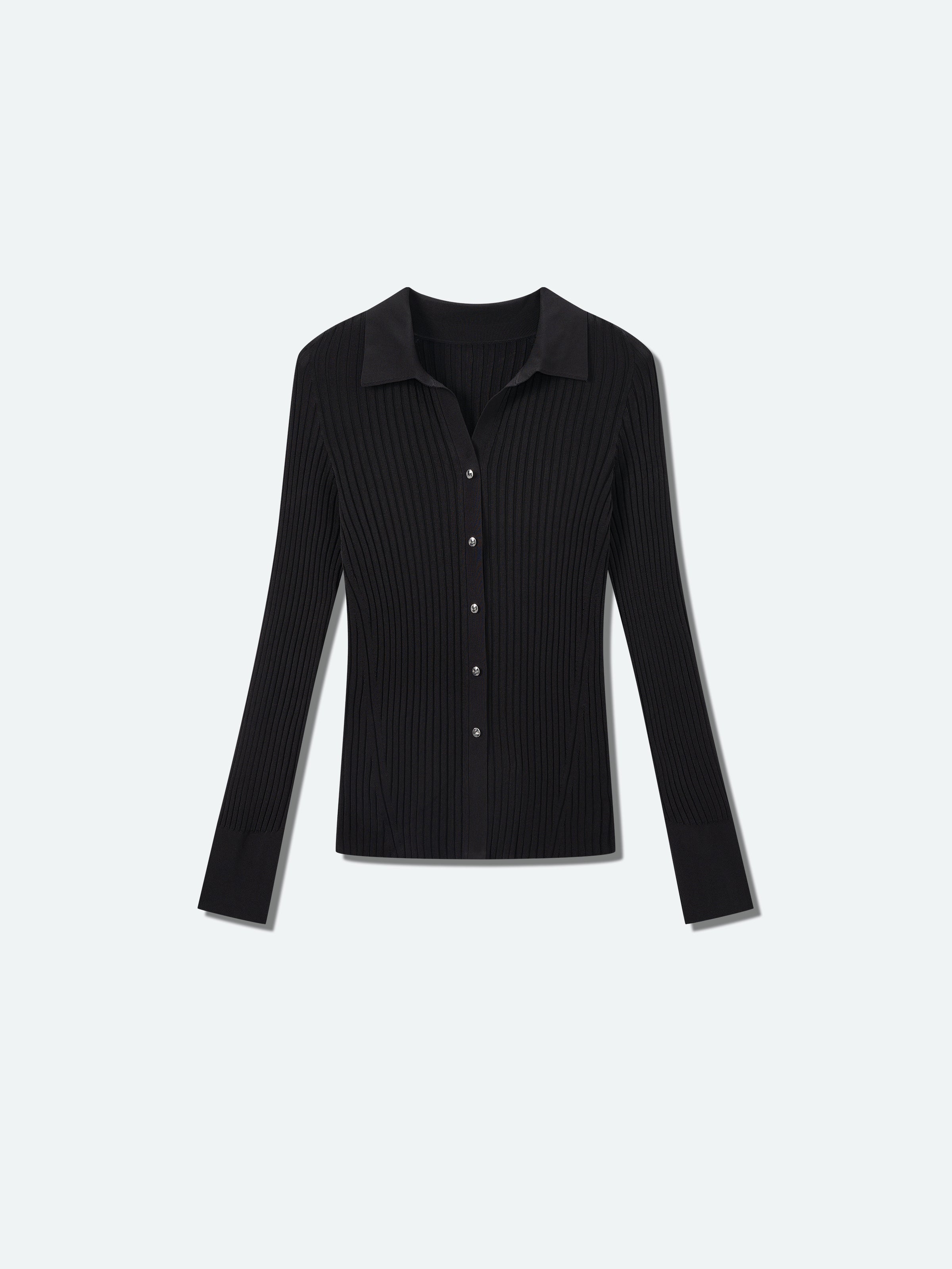 Black Viscose Blend Wide Rib Silver Snap Cardigan