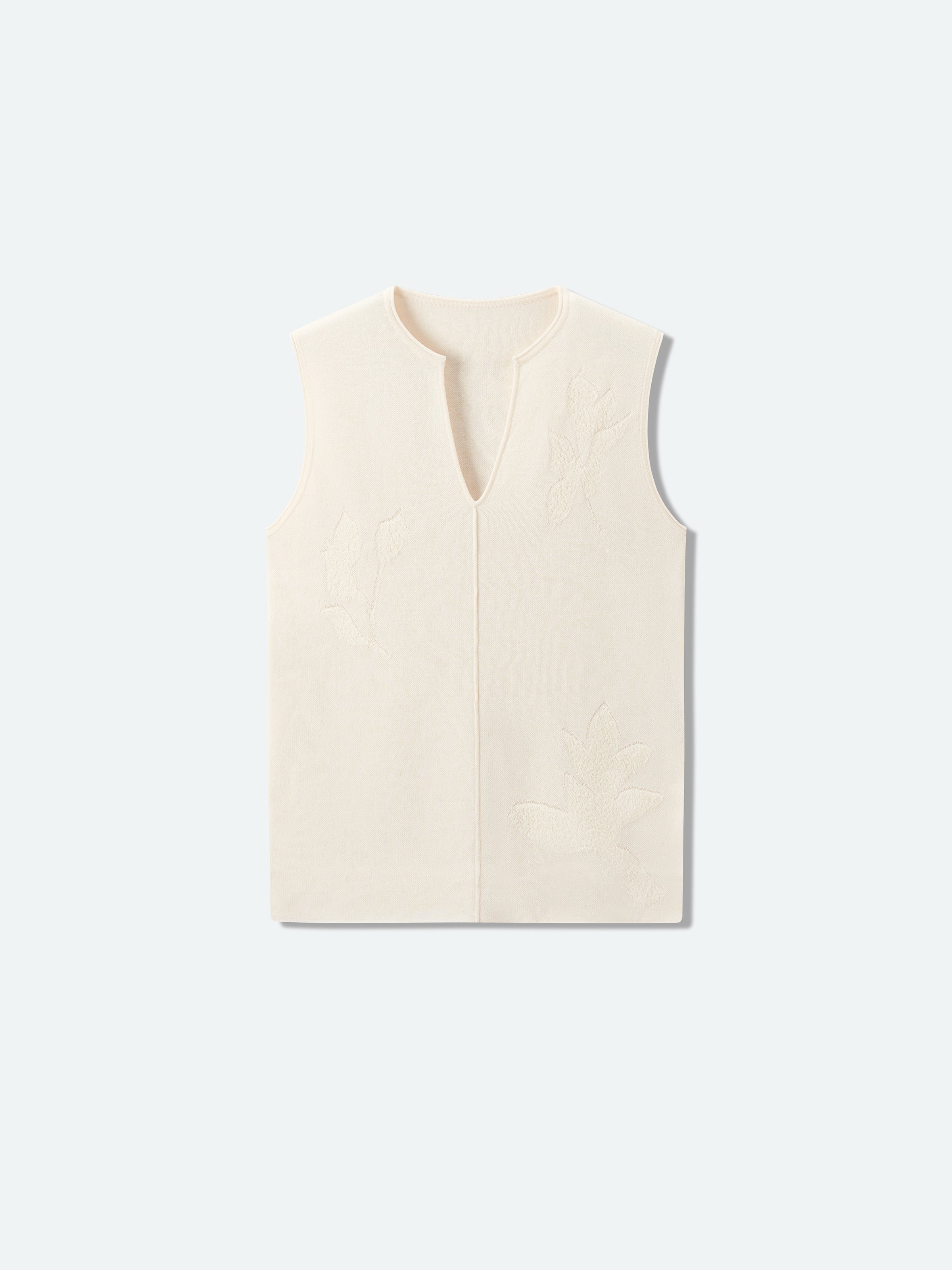 Cream White Cotton Acetate Floral Jacquard V-Neck Knit Vest