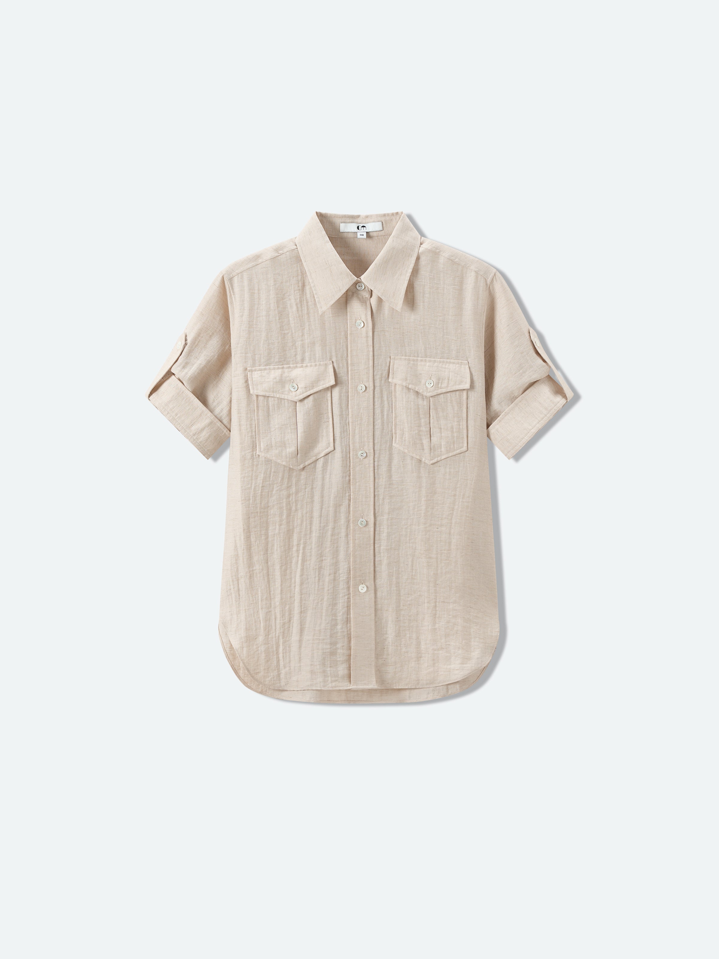 Cream White Linen Utility Pocket Straight Short-Sleeve Shirt