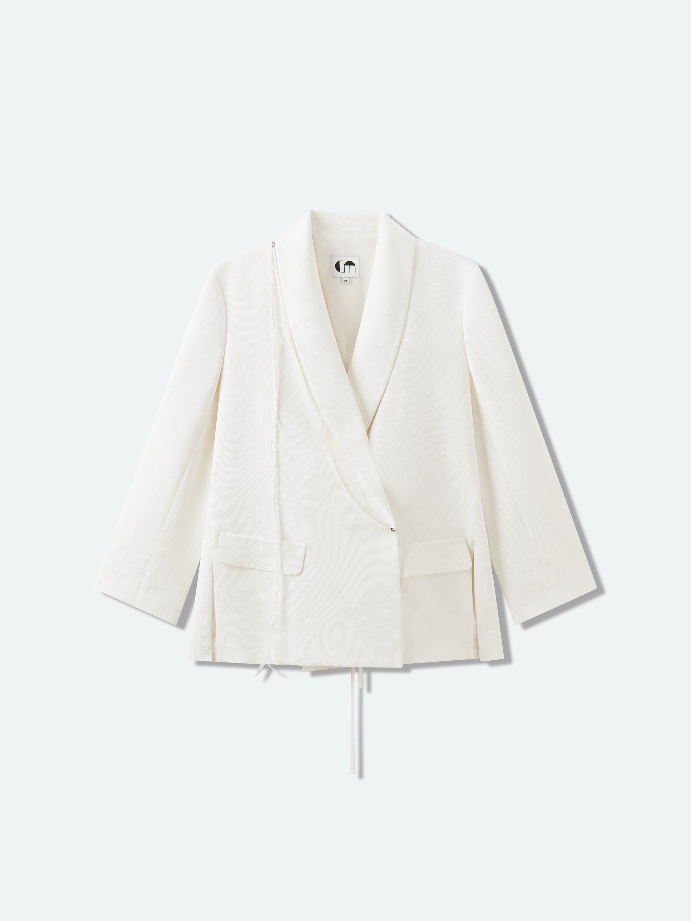 Cream White Rayon Jacquard Shawl Collar Oversized Blazer