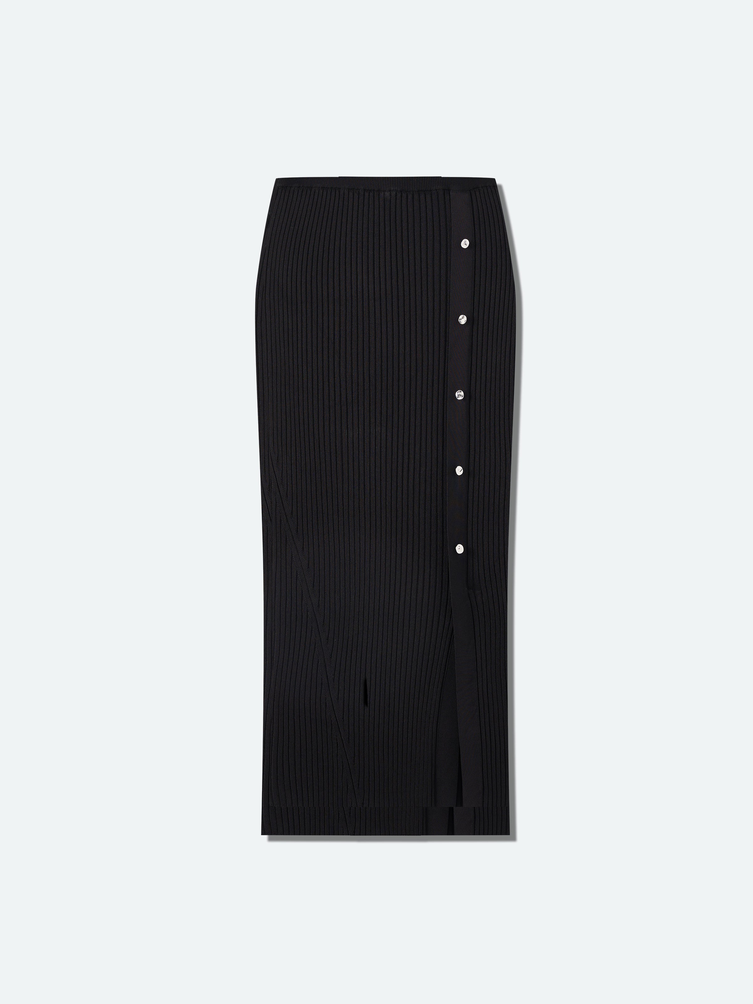 Black Viscose Blend Straight Asymmetric Slit Midi Skirt