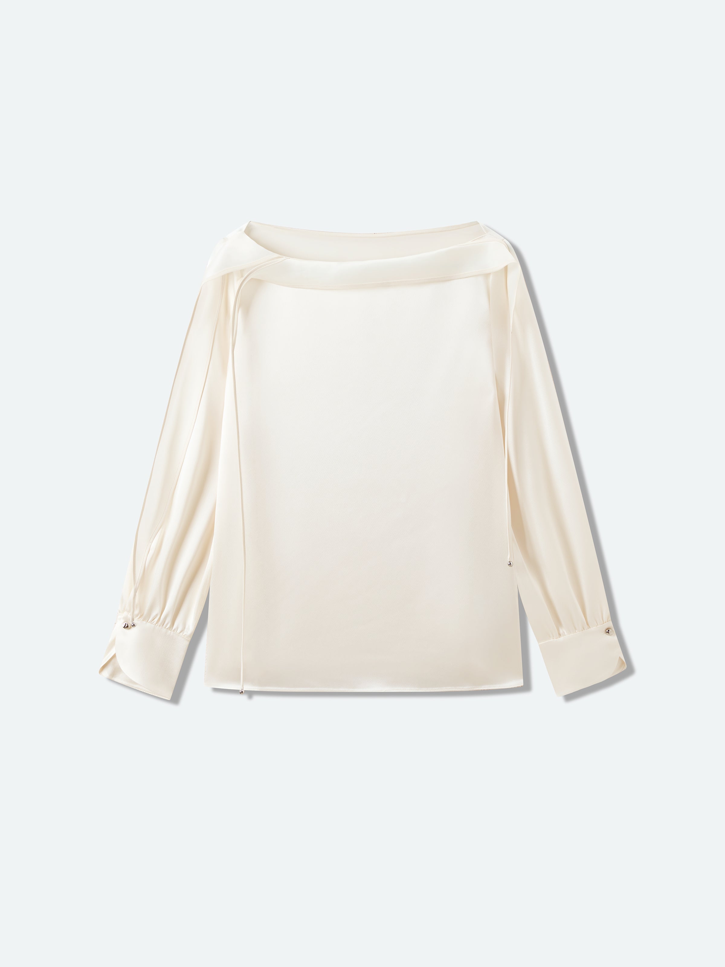 Cream White Acetate Satin Boat Neck Crossover Top