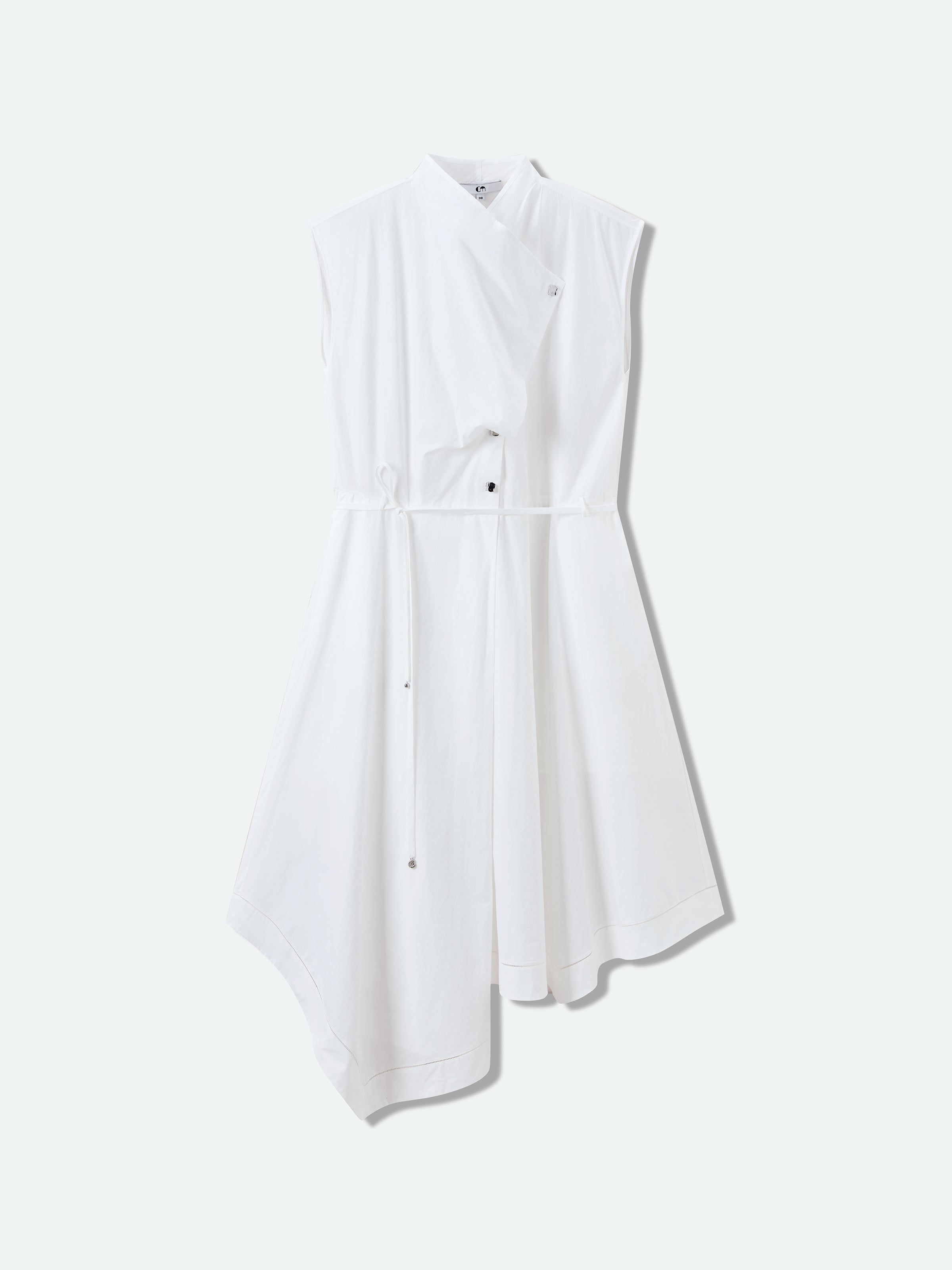 Off White Cotton Crinkle Draped Neck Belt Waist Dress