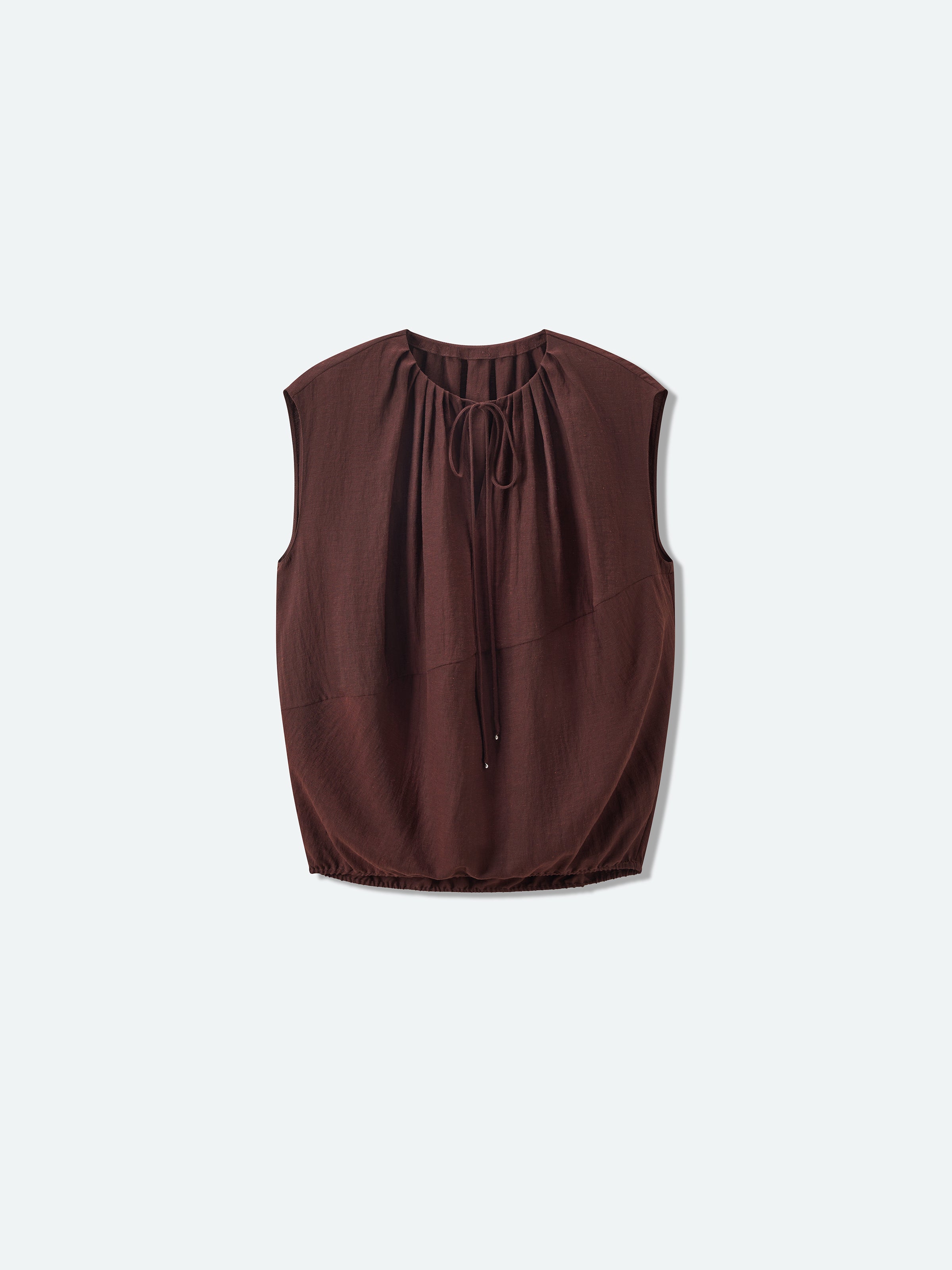 Coffee Brown Linen Blend Drawstring Neck Cocoon Top