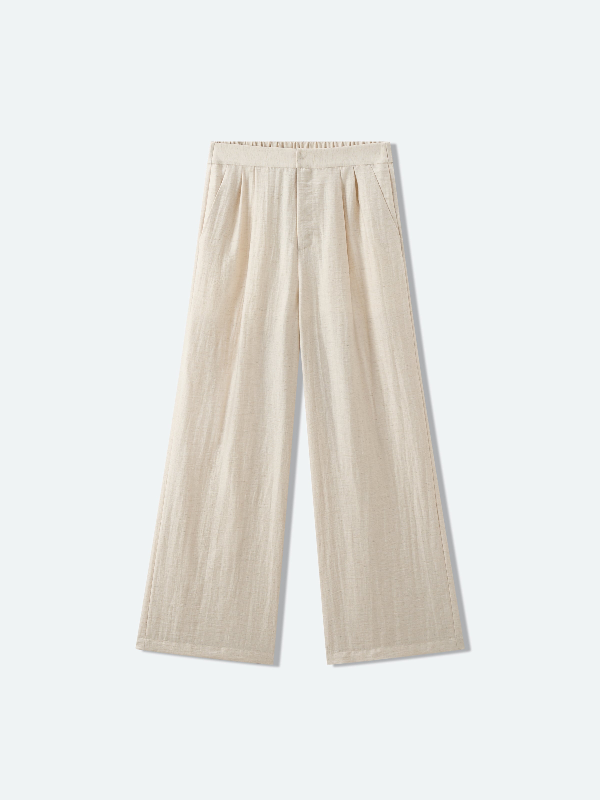 Cream White Linen Elastic Back Wide-Leg Trousers