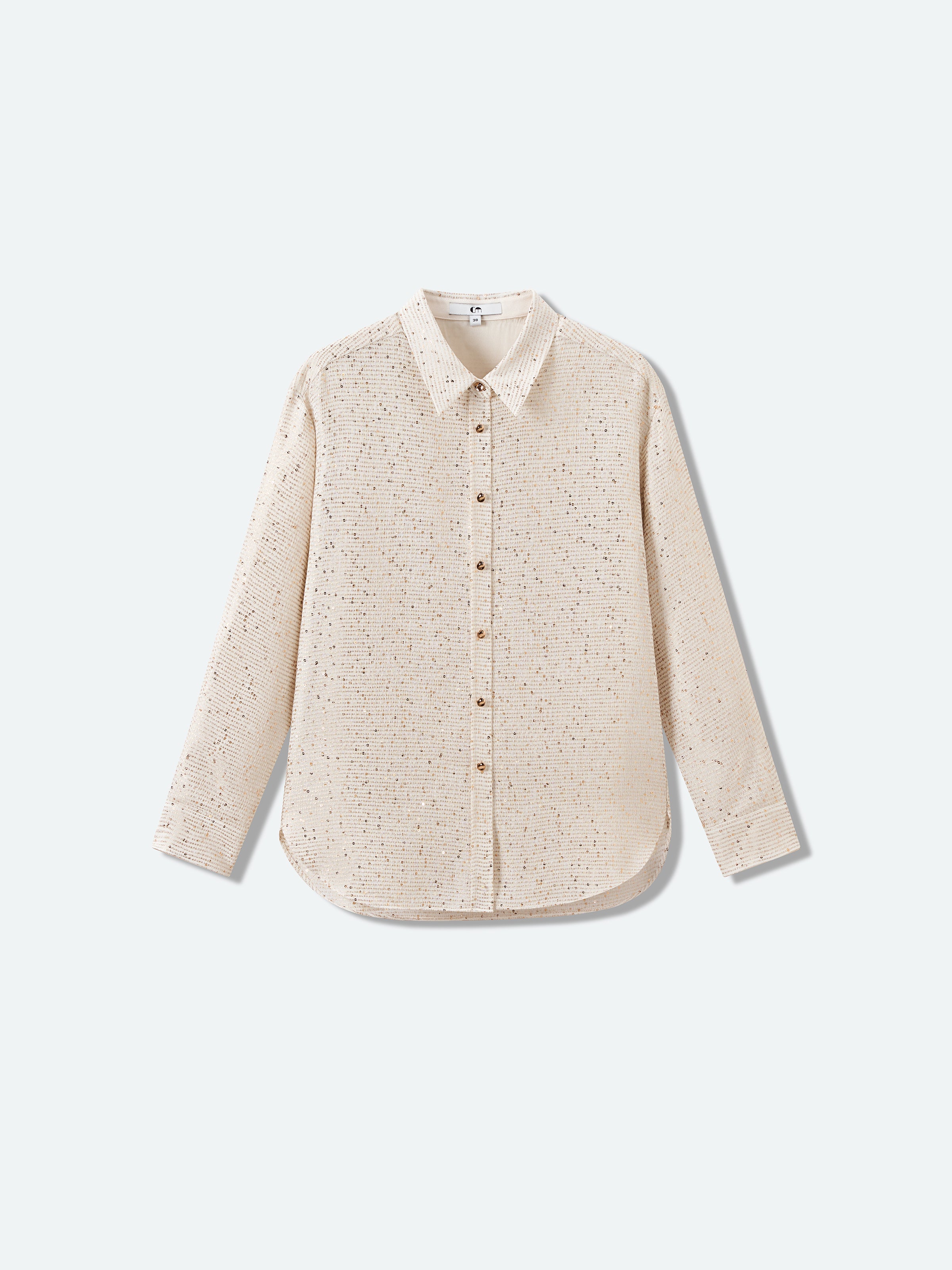 Beige Sequin Stripe Tailored Straight Long-Sleeve Shirt