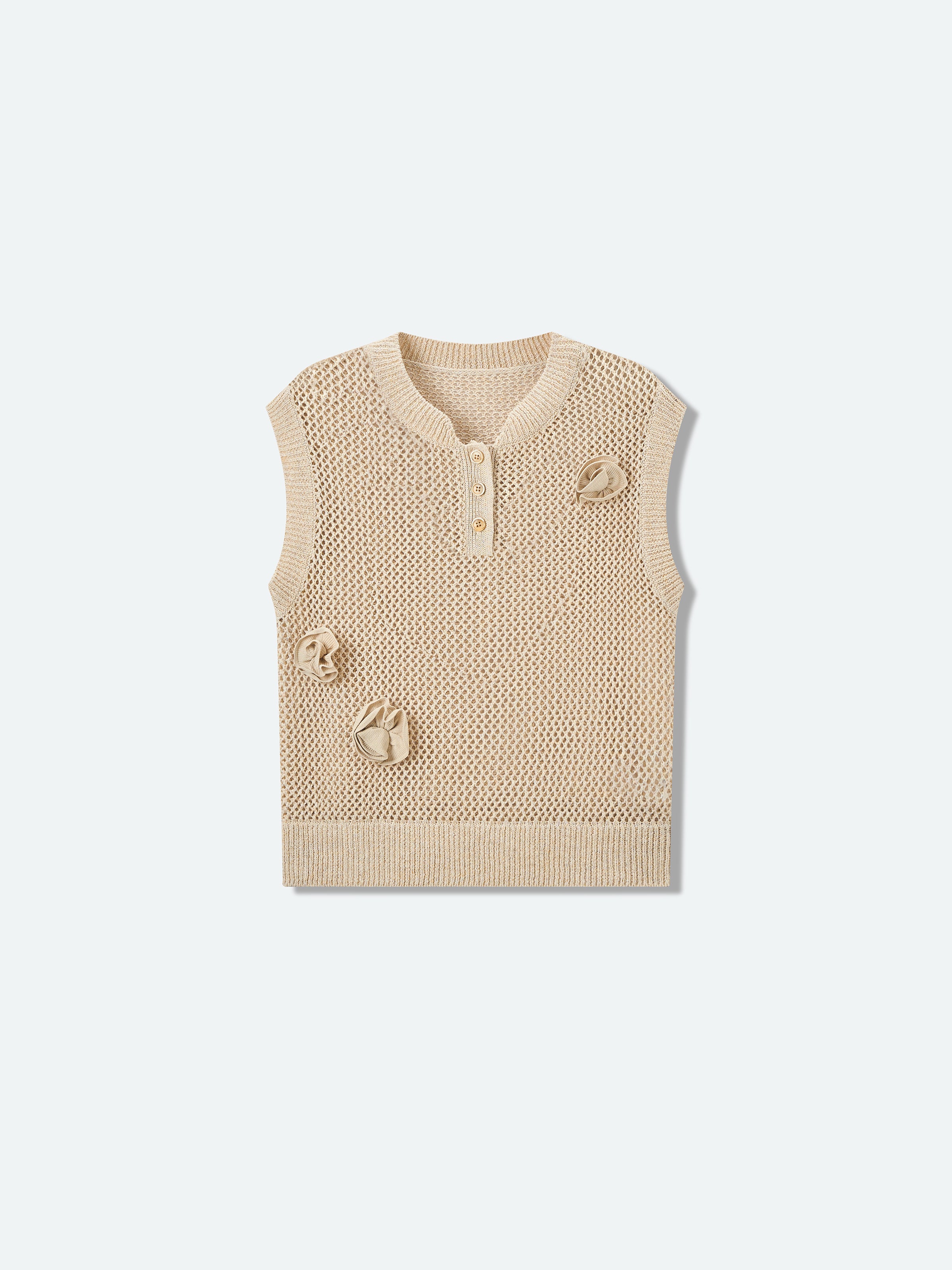 Beige Cotton Poly Linen Hollow Henley 3D Flower Knit Vest