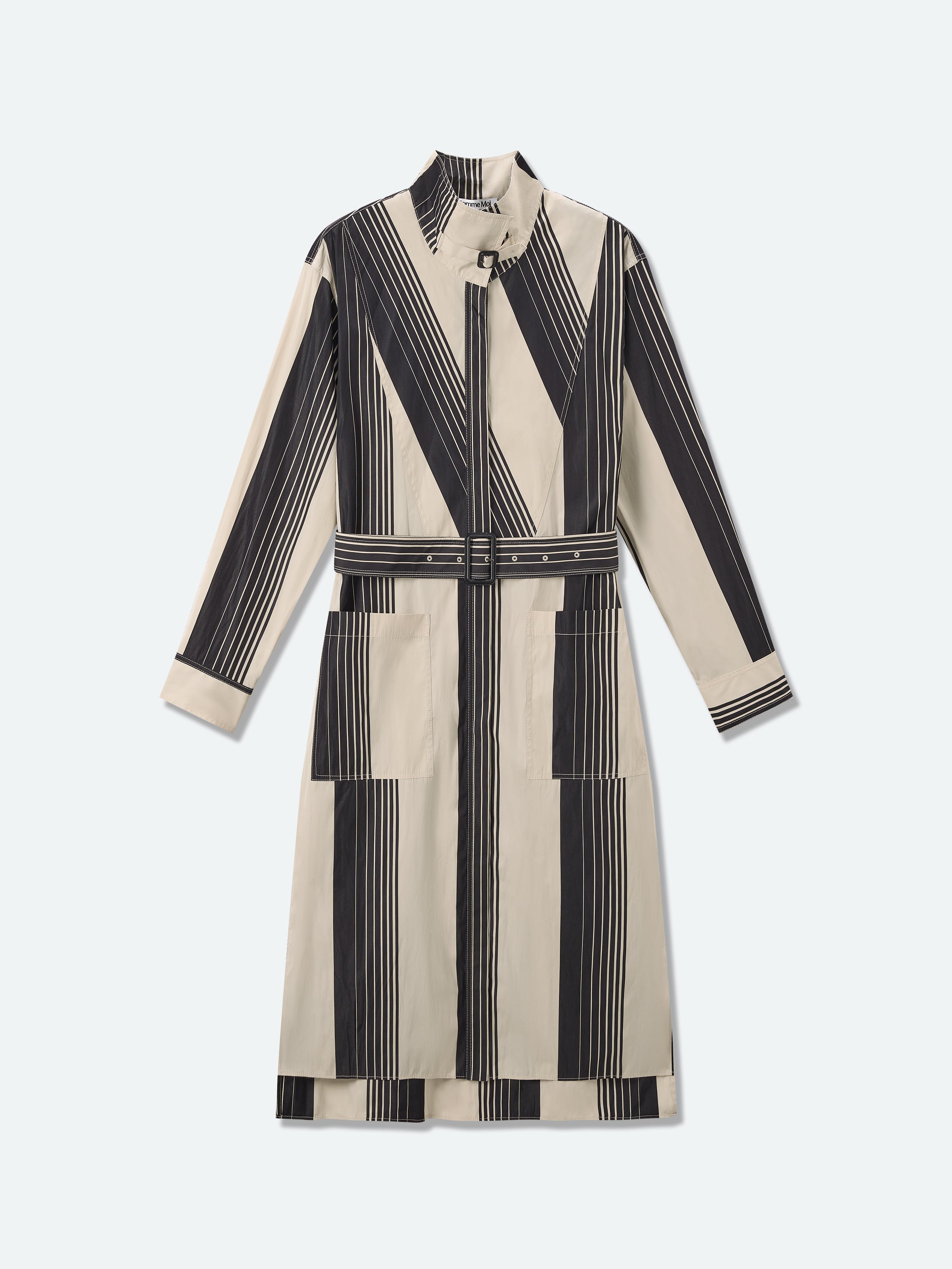 Striped trench coat front view with stand collar and belt, long sleeves, black and cream