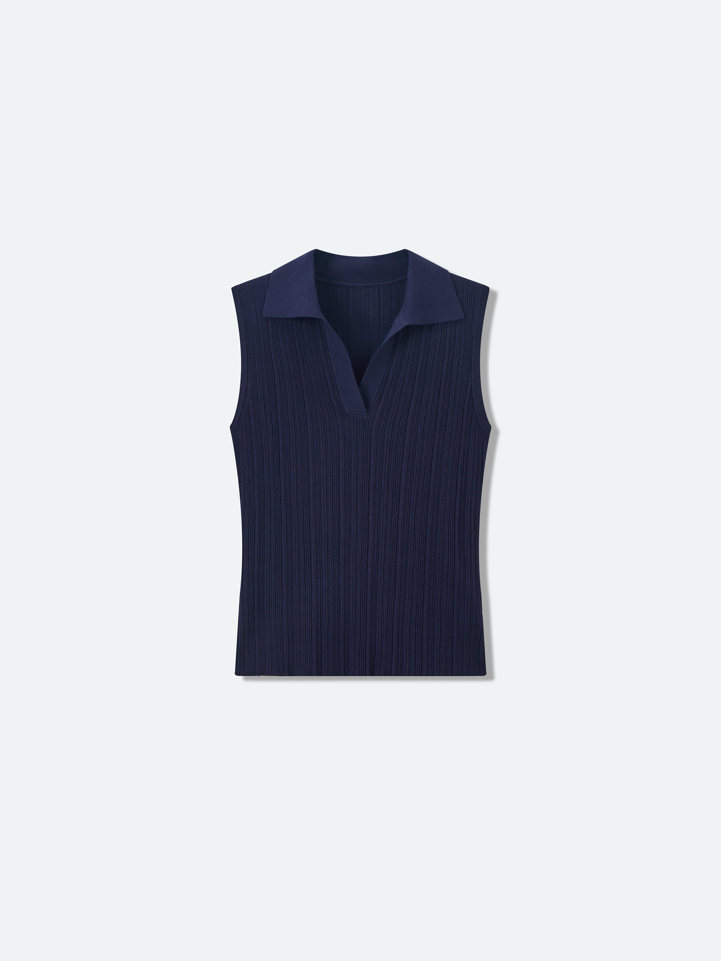 Navy Blue Tencel Acetate Vertical Rib Fitted Slim Sweater