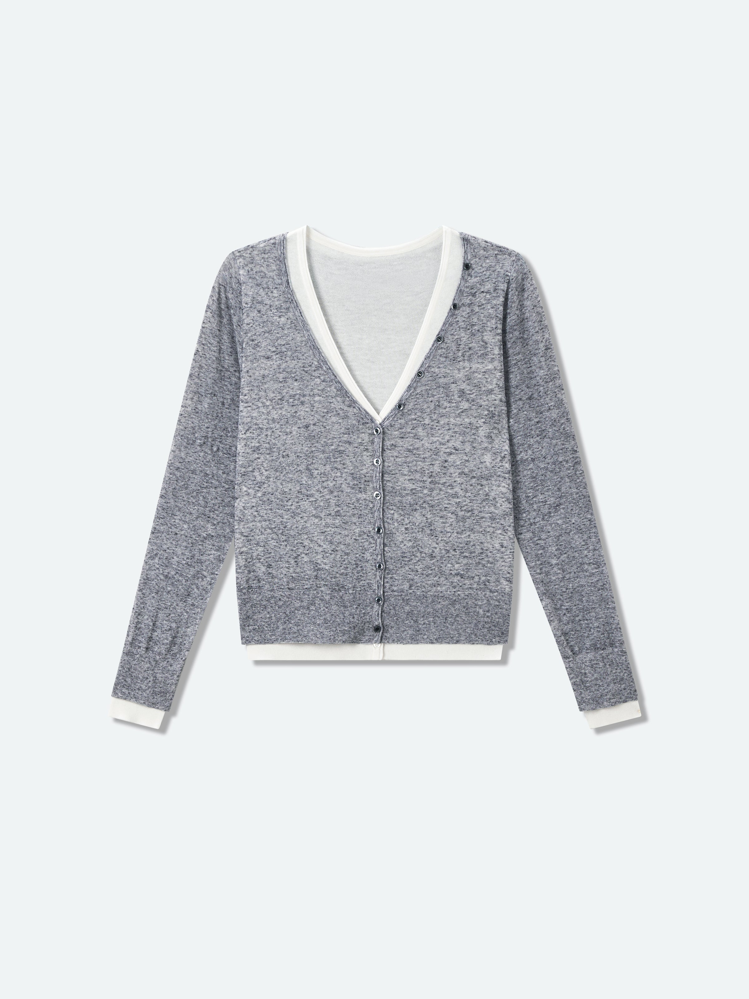 Grey V-neck knit cardigan with cream neckline trim and button front, flat lay