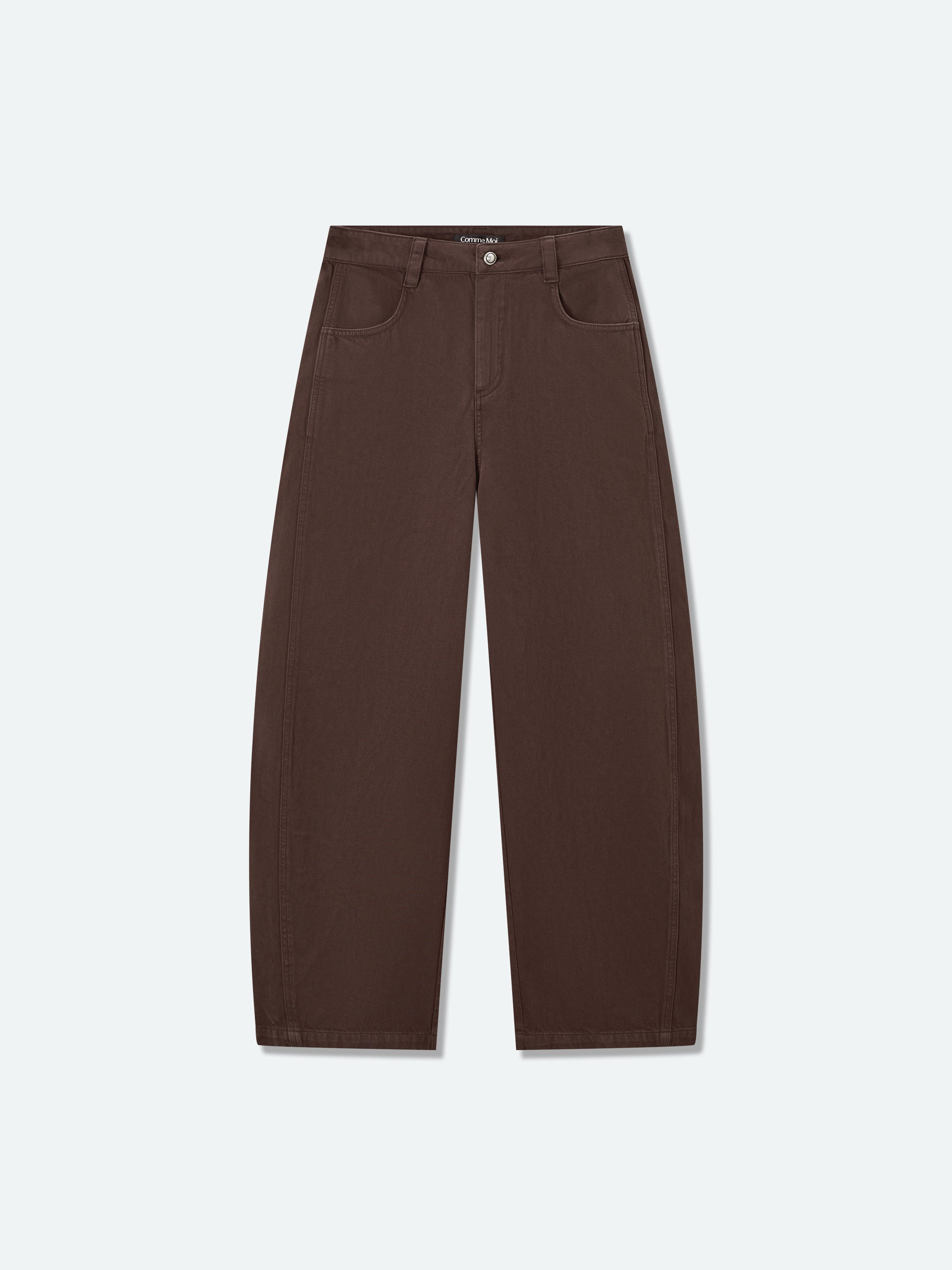 Coffee-brown curved barrel jeans, flat lay with button closure and side pockets
