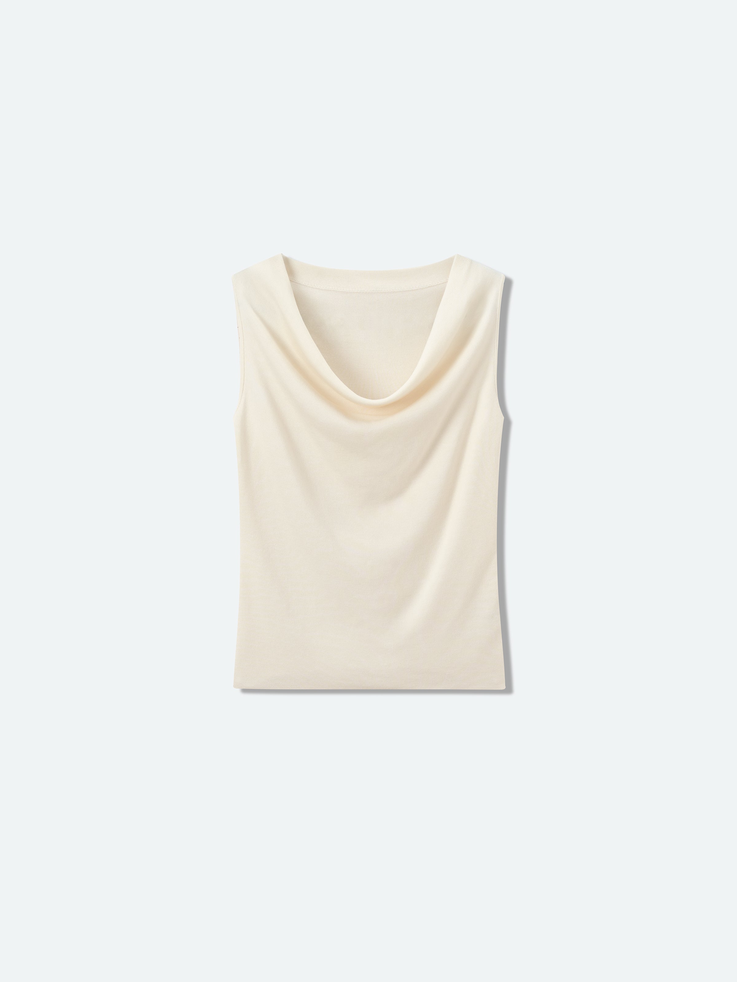 Cream White Acetate Blend Draped Neck Fitted Knit Sweater