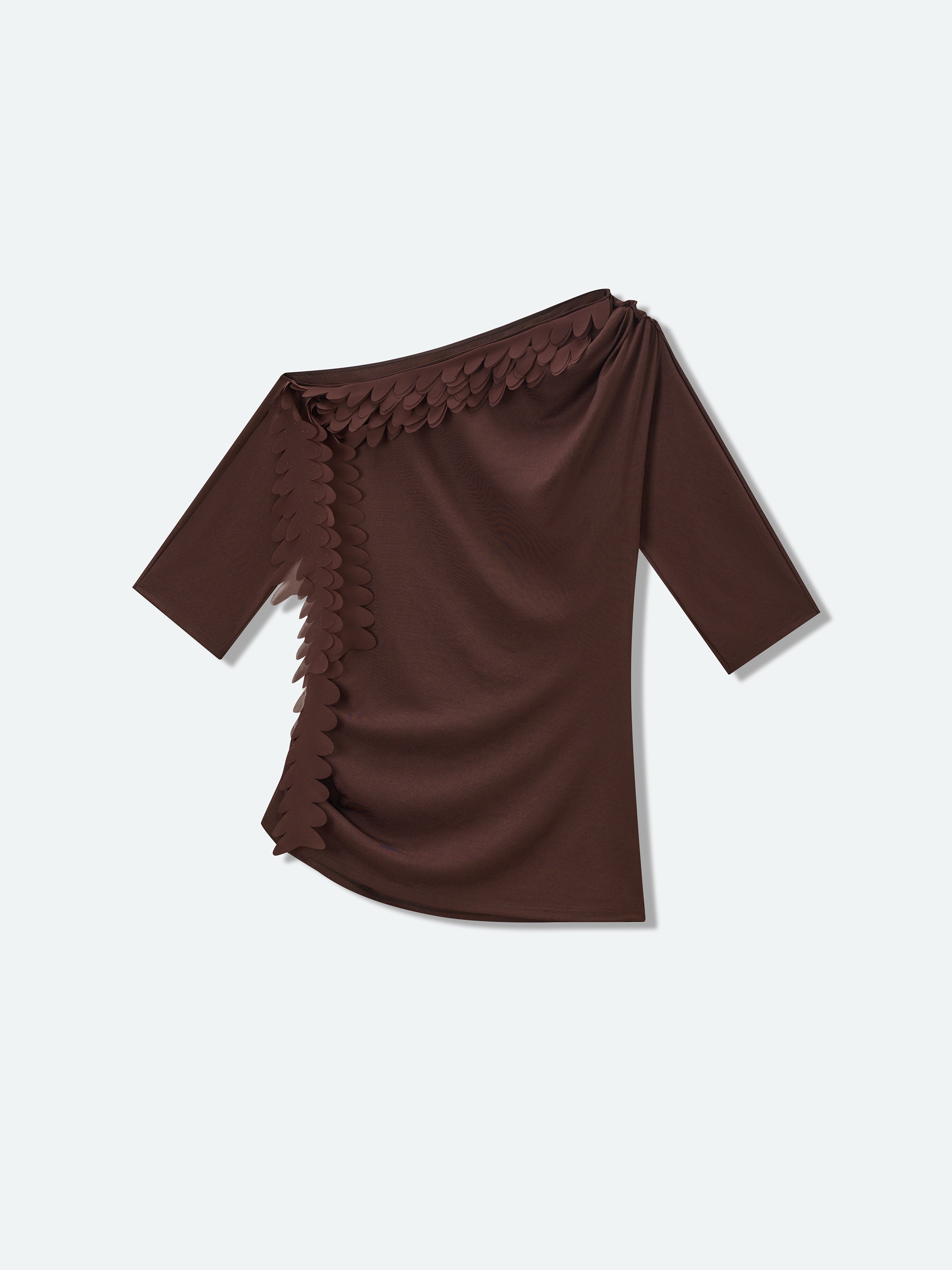 Brown Acetate Poly Knit One-Shoulder Ruching Elbow-Sleeve Top